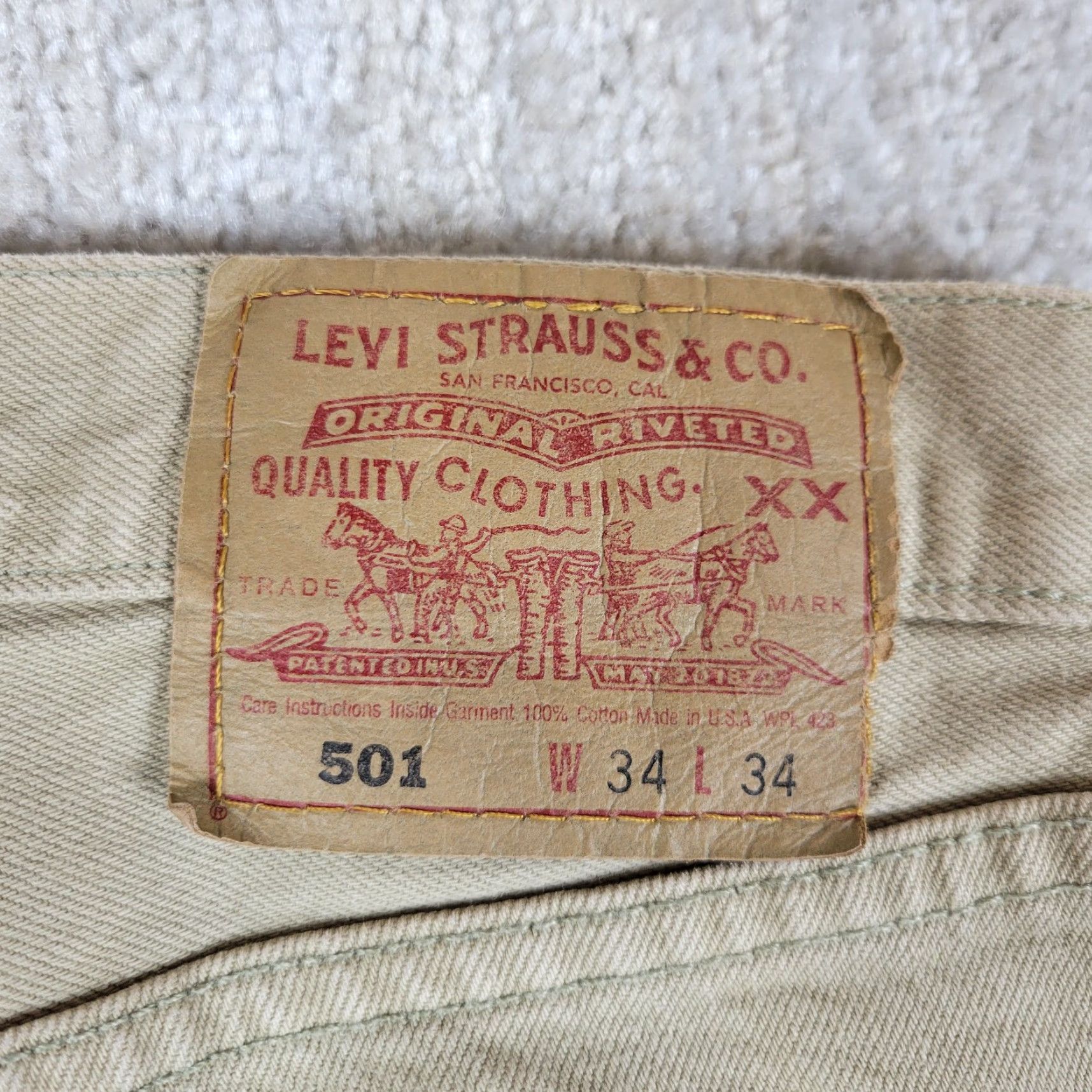 Levi's VINTAGE Levi's 501 Jeans Mens 34X34 Beige Blue Distressed 90s USA Straight Button Fly Regular 5-Pocket Denim Cotton Cotton Jeans Mens Levi's 501 Size US 34 / EU 50 - 3 Thumbnail