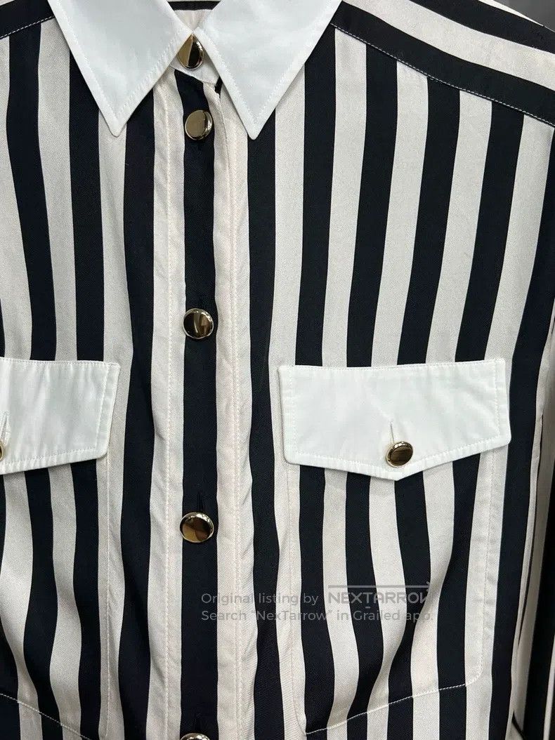 Saint Laurent Paris Saint Laurent Paris Black and White Striped Pocket Silk Sh Size XS / US 0-2 / IT 36-38 - 3 Thumbnail