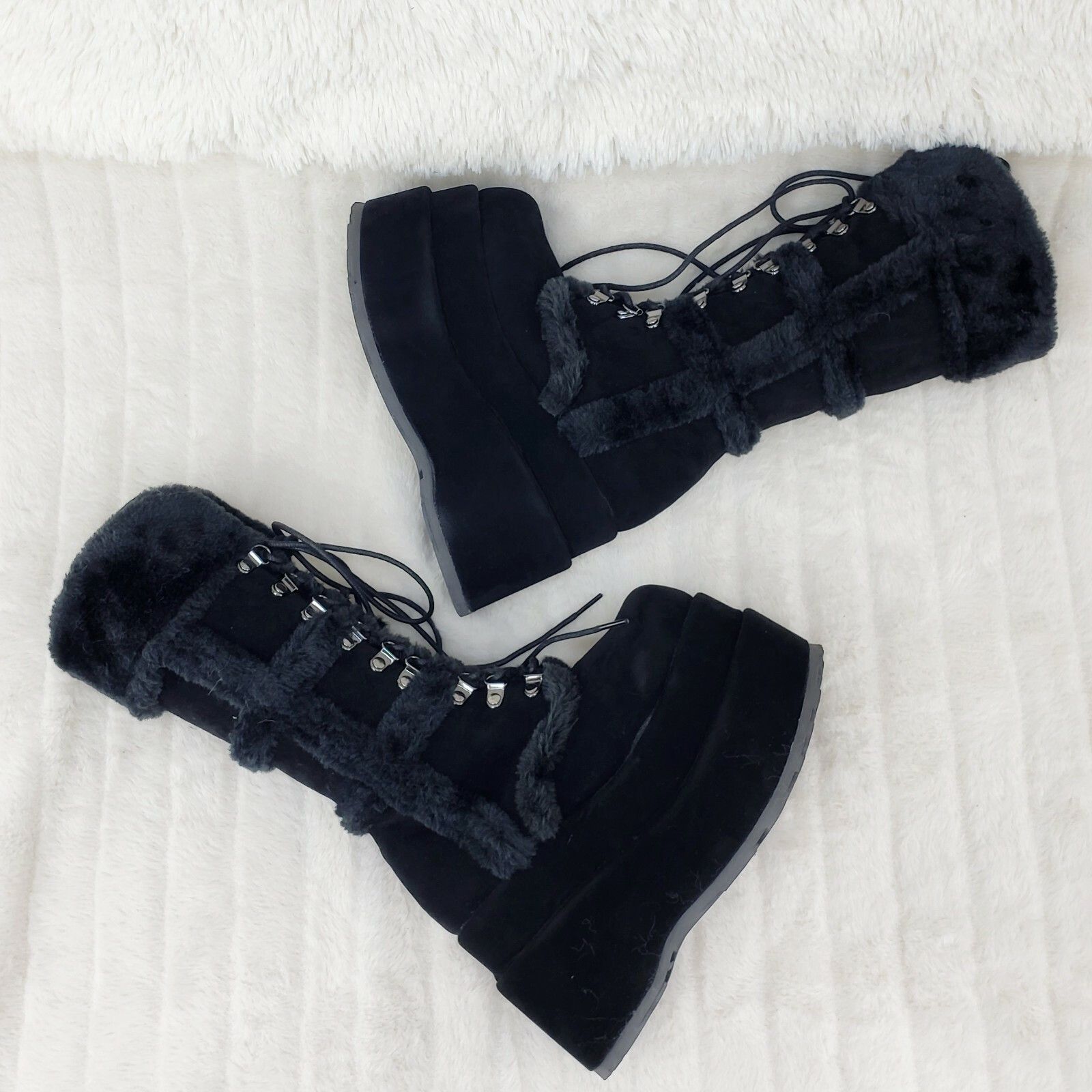 Other Bear 202 Black Faux Fur / Suede Platform Goth Punk Calf Boot Size US 11 / IT 41 - 3 Thumbnail