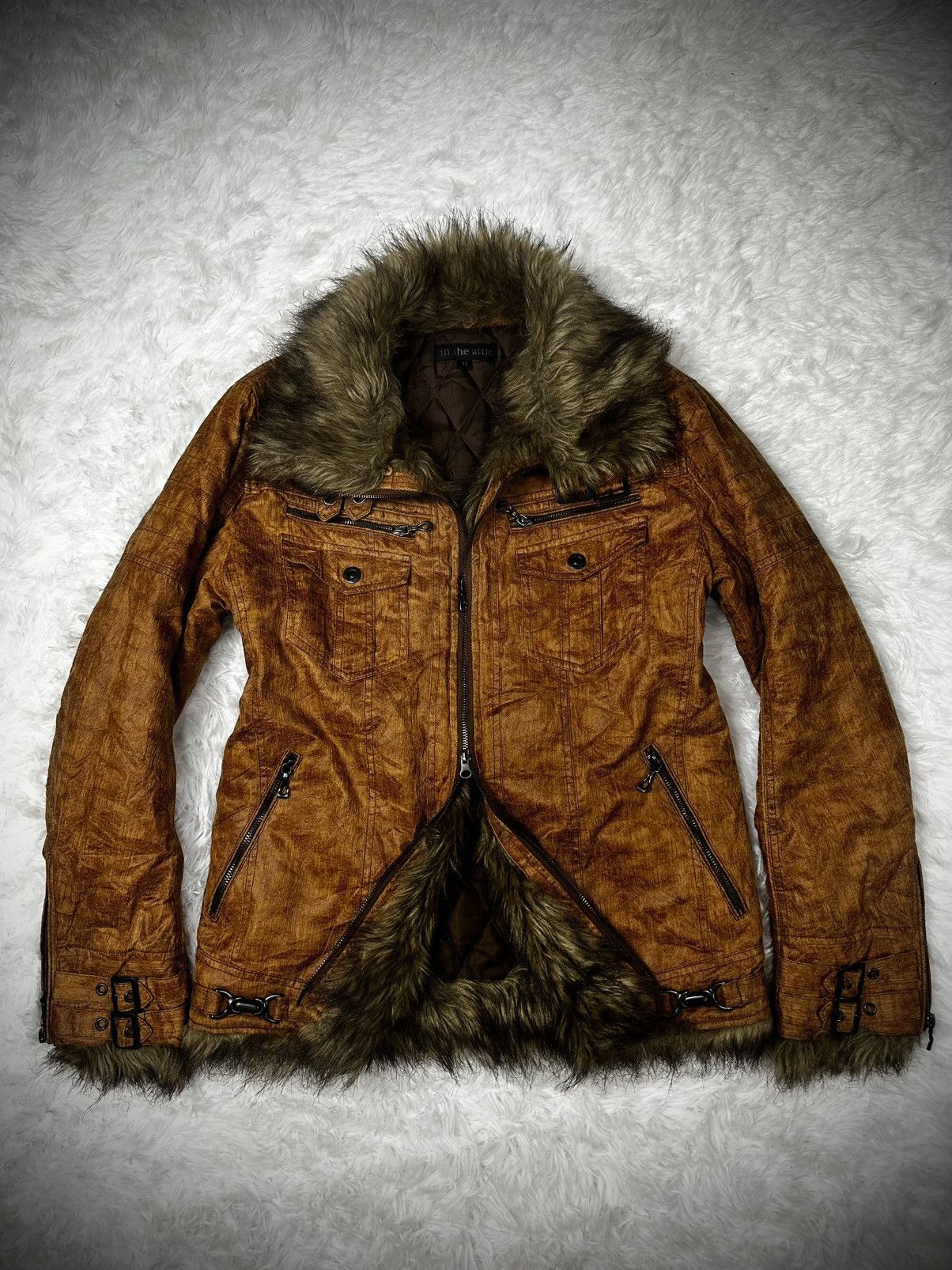 Pre-owned 14th Addiction 2000s Vkei Intheattic Faux Fur Leather Jacket In Sand
