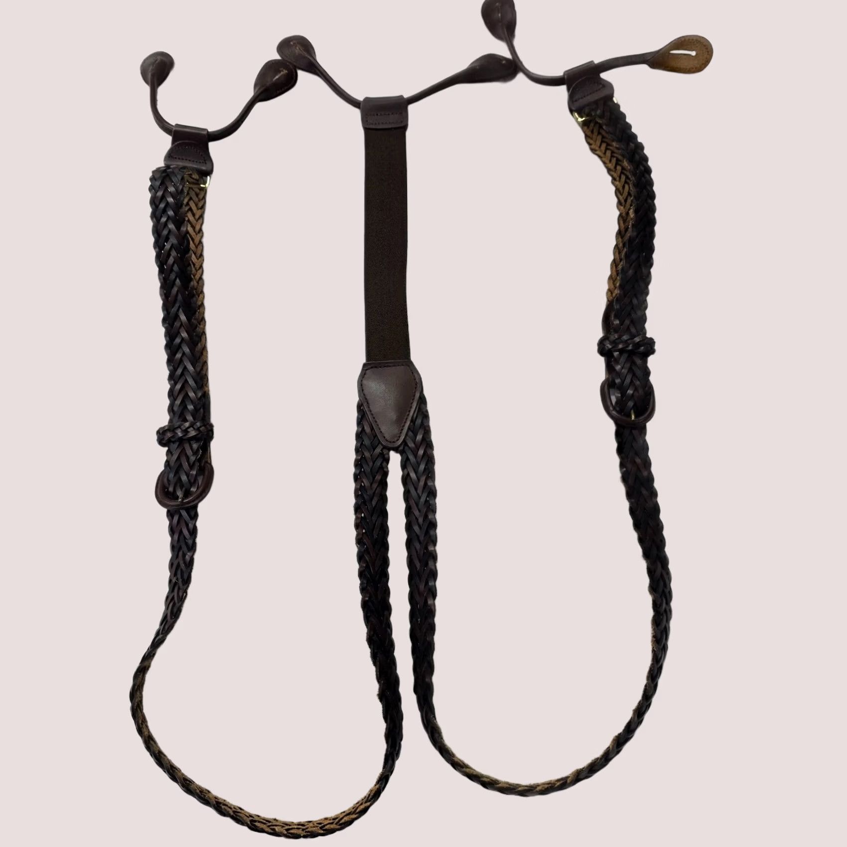 Etro Braided Leather Y Back Suspenders Button Attachment Adjustable Vintage Style Retro Mens Suspender Brown Leather Y-Back Size ONE SIZE - 1 Thumbnail