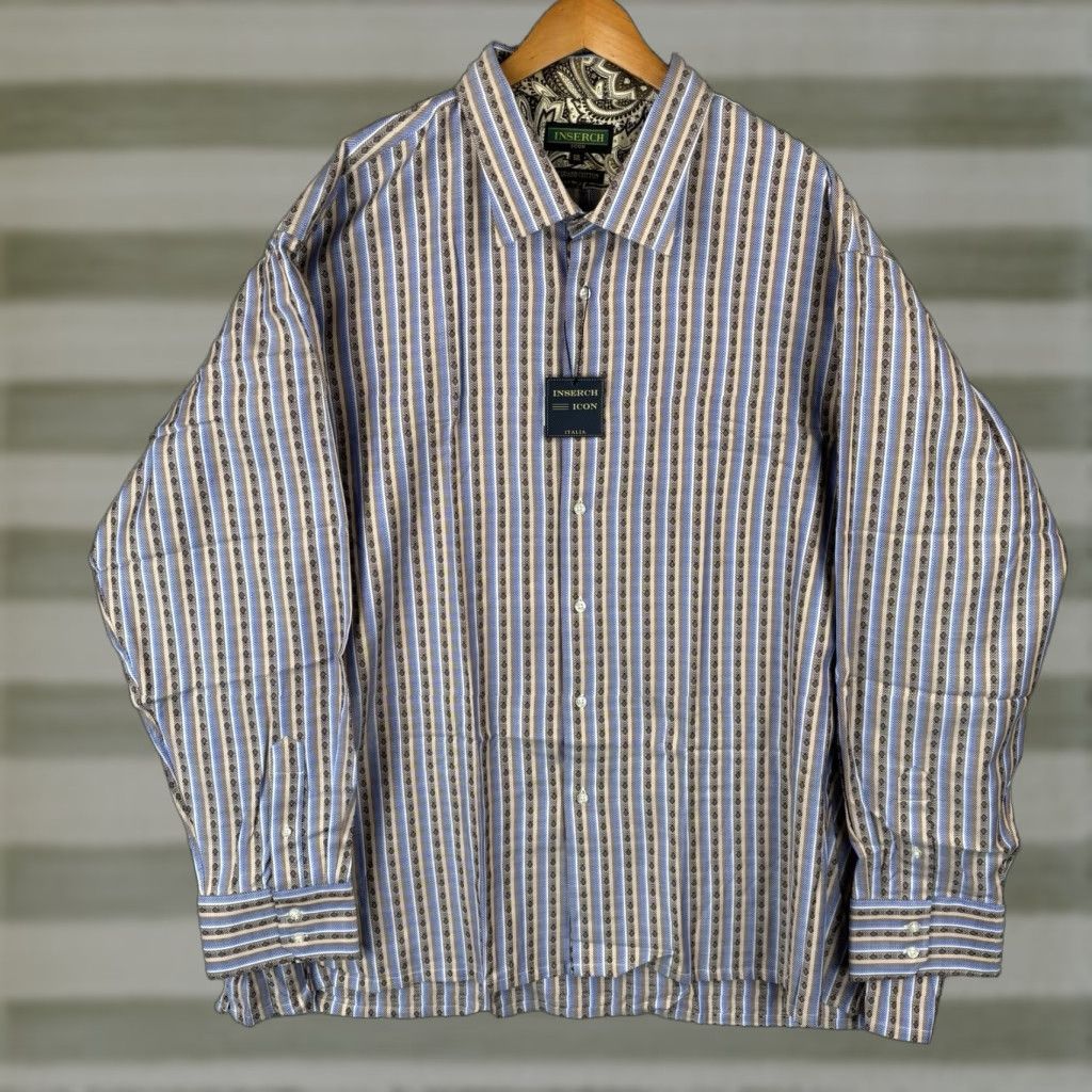 Vintage Inserch Button-Up Shirt Mens 5XL Blue Tan Stripe Jacquard 100% Cotton Casual Shirt Size US XXL / EU 58 / 5 - 1 Thumbnail