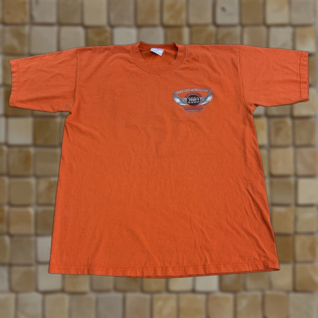 Vintage VINTAGE All Sport T-Shirt 90s Laconia Motorcycle Week Mens XL Orange Short Sleeve Crew Neck 1990s 1999 Flaming Skeleton Bike Rider Size US XL / EU 56 / 4 - 1 Thumbnail