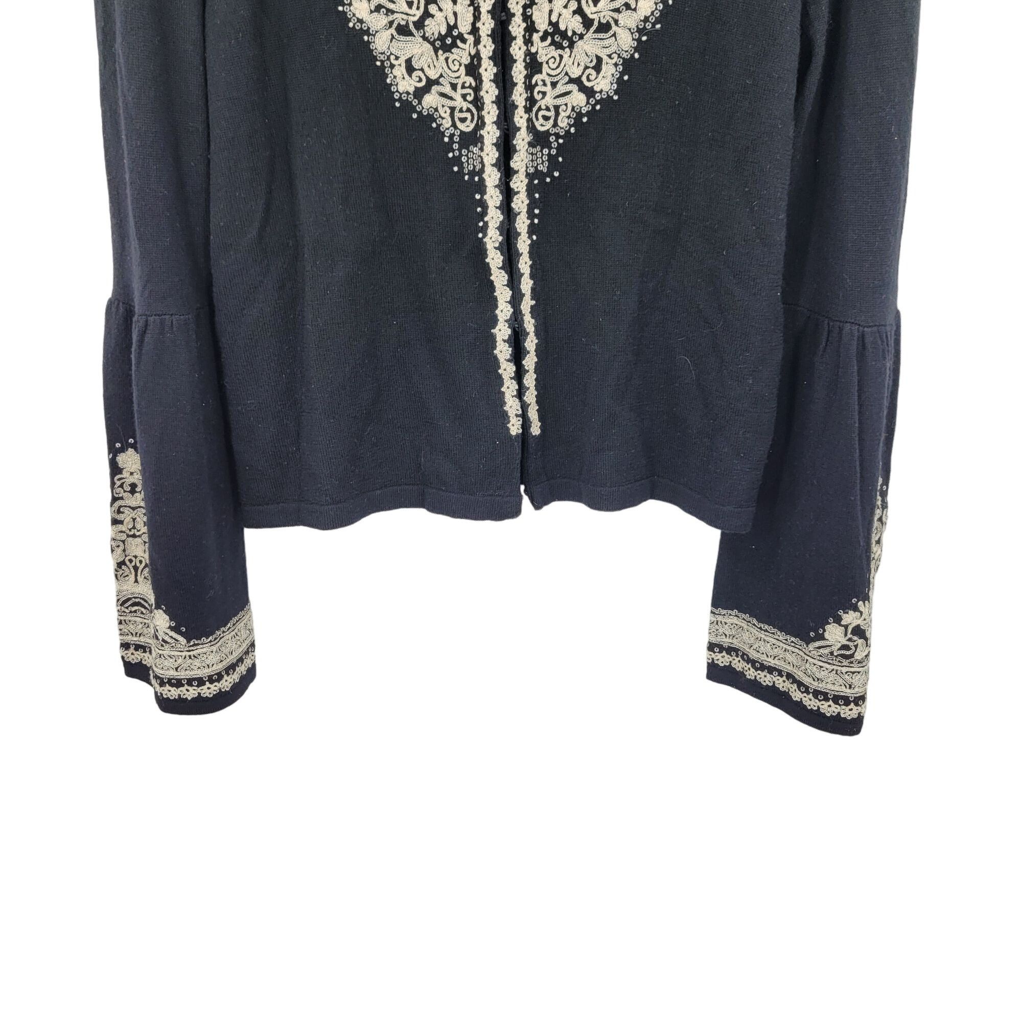 Nanette Lepore Vtg Merino Wool Sweater Cardigan M Black Embroidered Bell Sl Size M / US 6-8 / IT 42-44 - 7 Thumbnail
