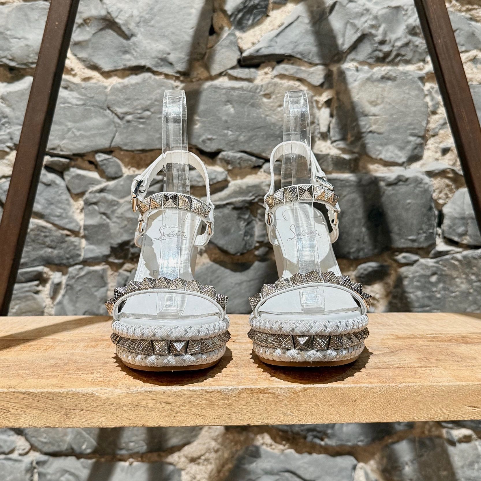 Christian Louboutin Christian Louboutin Leather Studded Pyraclou Wedge Sandals Size US 8 / IT 38 - 3 Thumbnail