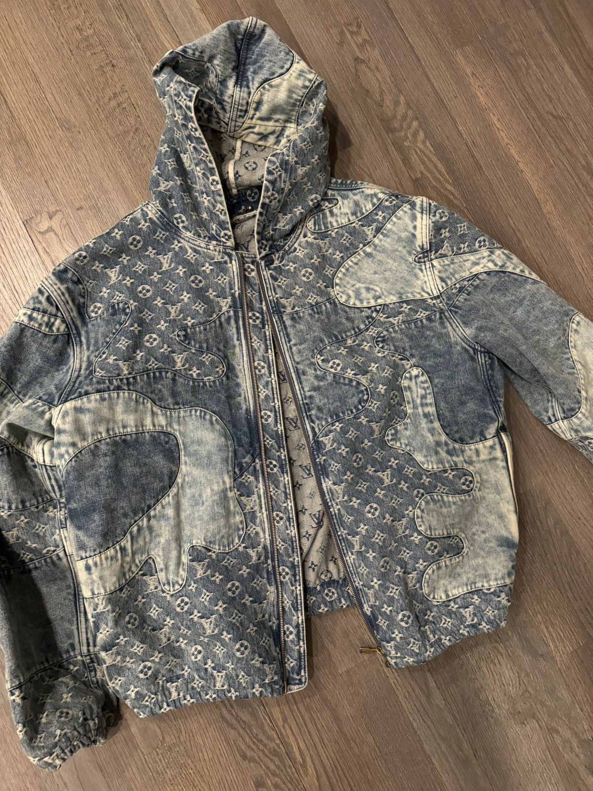 Image of Louis Vuitton 1A9K6D Monogram Patchwork Denim Hoodie in Blue, Men's (Size 2XL)