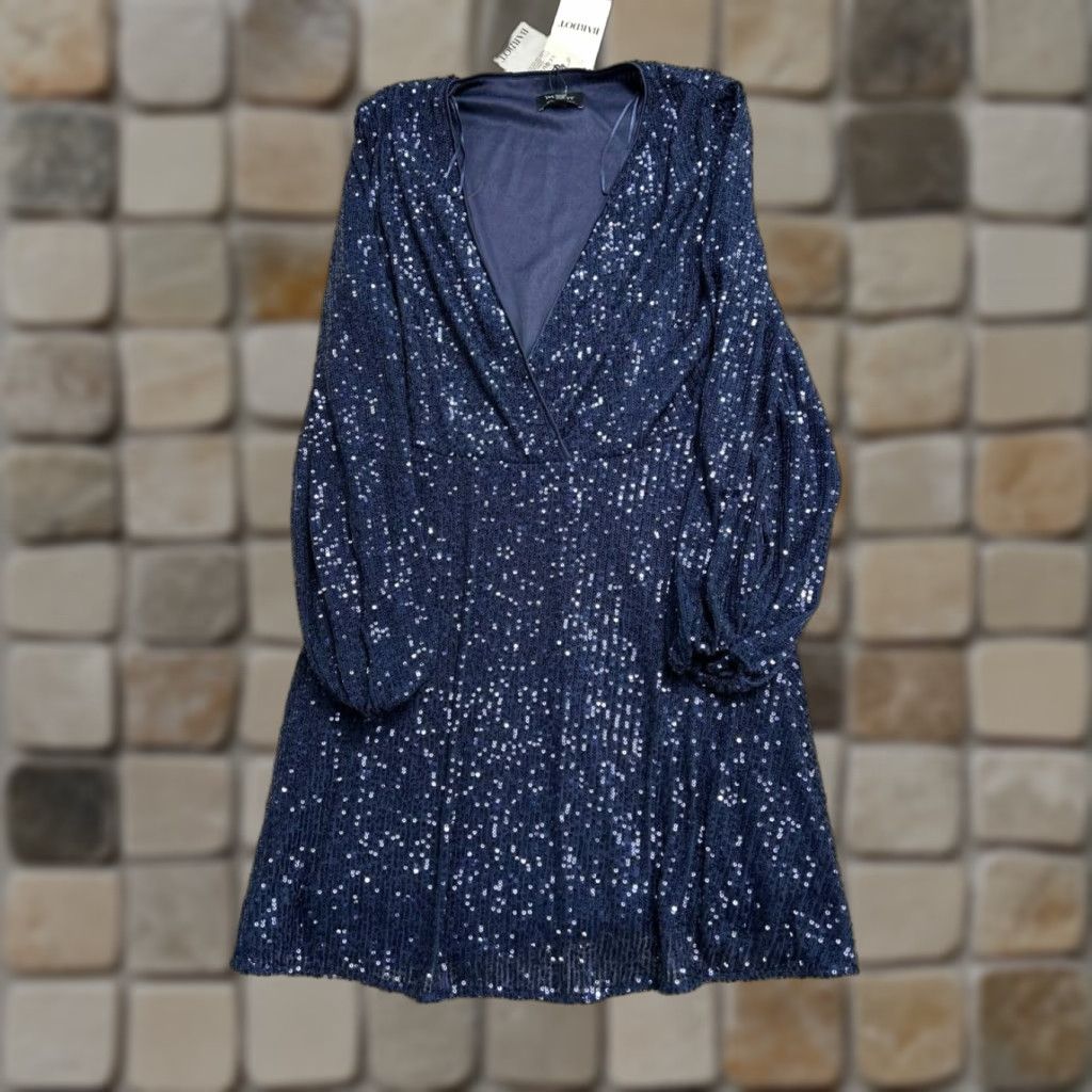 Vintage Bardot Dress Womens Medium Blue Sequin Wrap Surplice Neck Stretch New Size M / US 6-8 / IT 42-44 - 1 Thumbnail