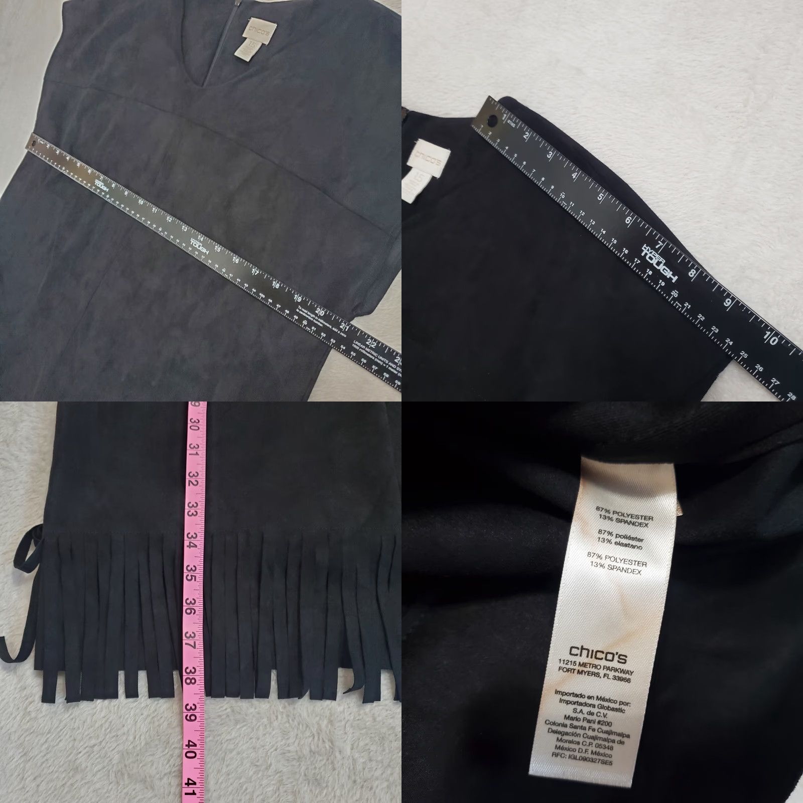 Vintage Chico's Dress Black Faux Suede Fringe Western Boho Shift Knee Length Short Sleeve Hidden Back Zip Womens Size 10 Size 32" / US 10 / IT 46 - 8 Thumbnail