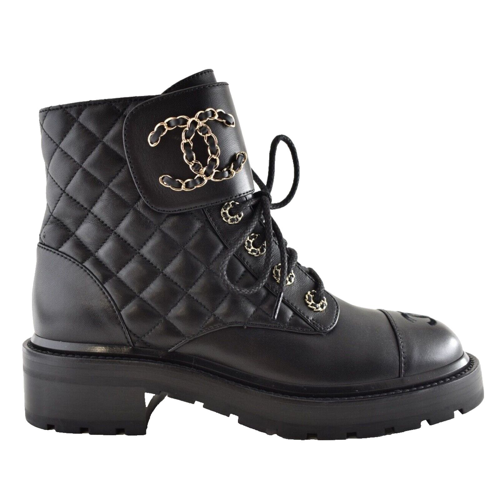 Chanel Chanel 21A Black Quilted Gold CC Chain Combat Lace Up Size US 10.5 / IT 40.5 - 1 Thumbnail