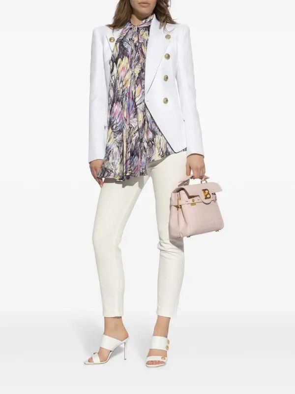 Balmain o1s1wg110825 Abstract Print Tie Neck Blouse in Grey/Multi Size S / US 4 / IT 40 - 2 Thumbnail