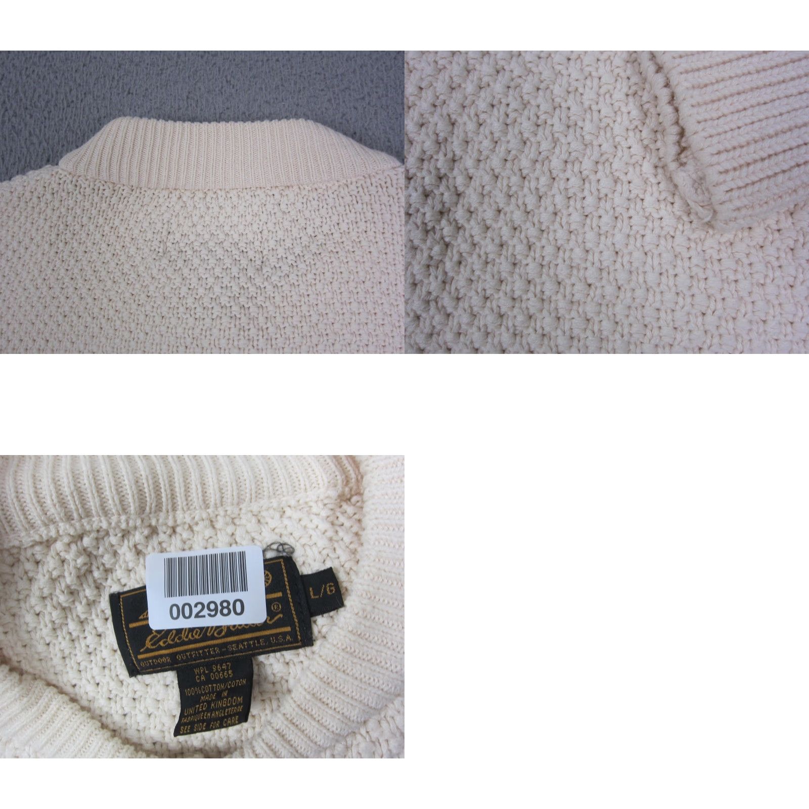 VINTAGE Eddie Bauer Sweater Heath Large Ivory Cotton Henley 