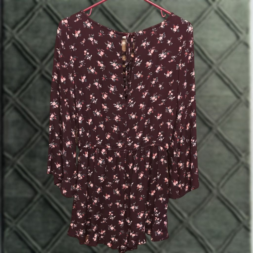 American Eagle Outfitters VINTAGE American Eagle Outfitters Romper One-Piece Bohemian Floral Lace-Up 3/4 Sleeve M Purple Girls Size 32" / US 10 / IT 46 - 1 Thumbnail