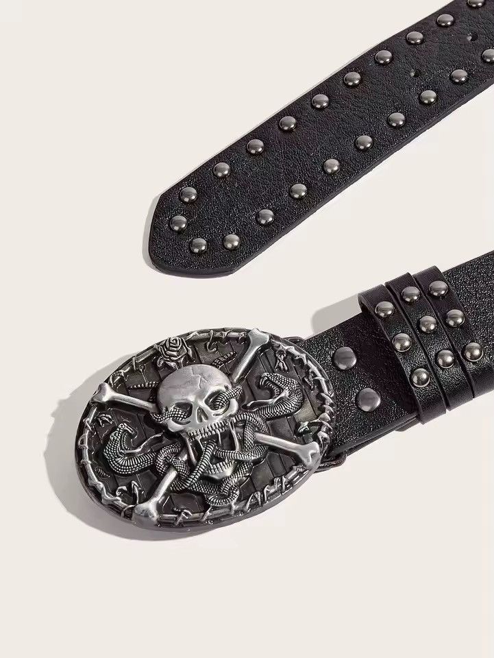 Japanese Brand Skull Casual Gothic PU Leather Belt Size 30 - 3 Thumbnail