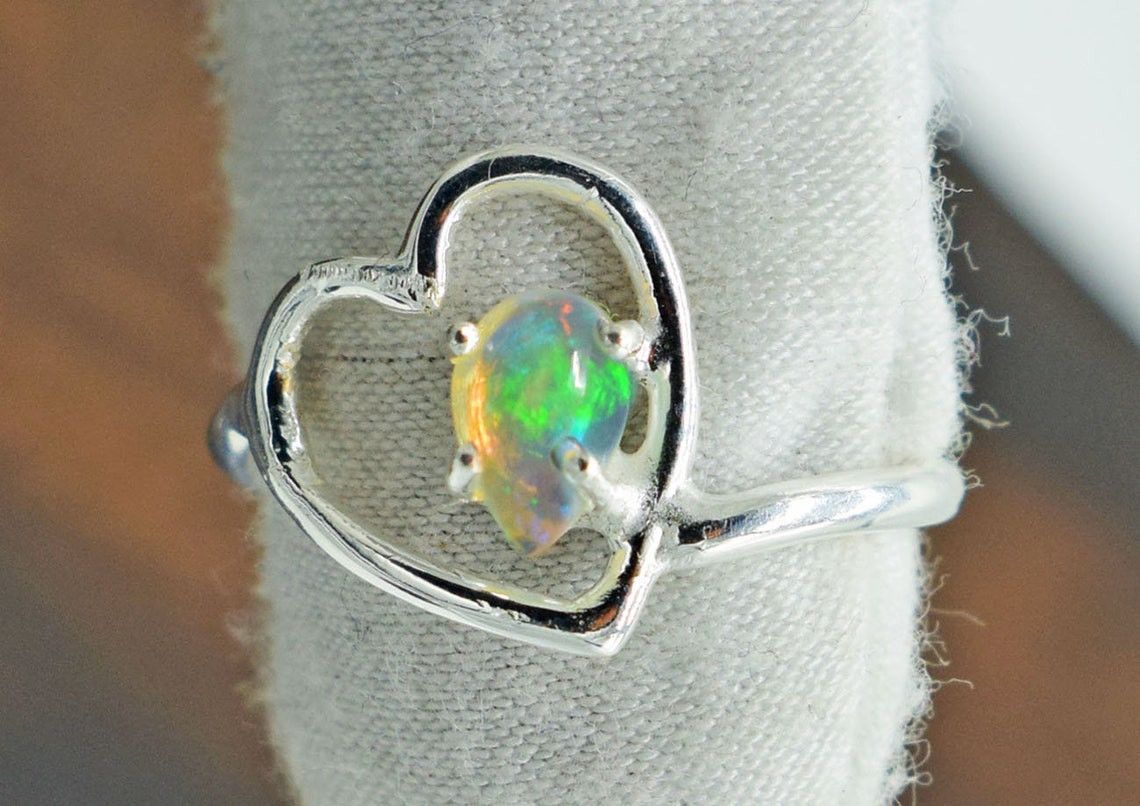 Handmade Heart Sterling Silver Ring: Ethiopian Opal Gemstone Size ONE SIZE - 1 Thumbnail