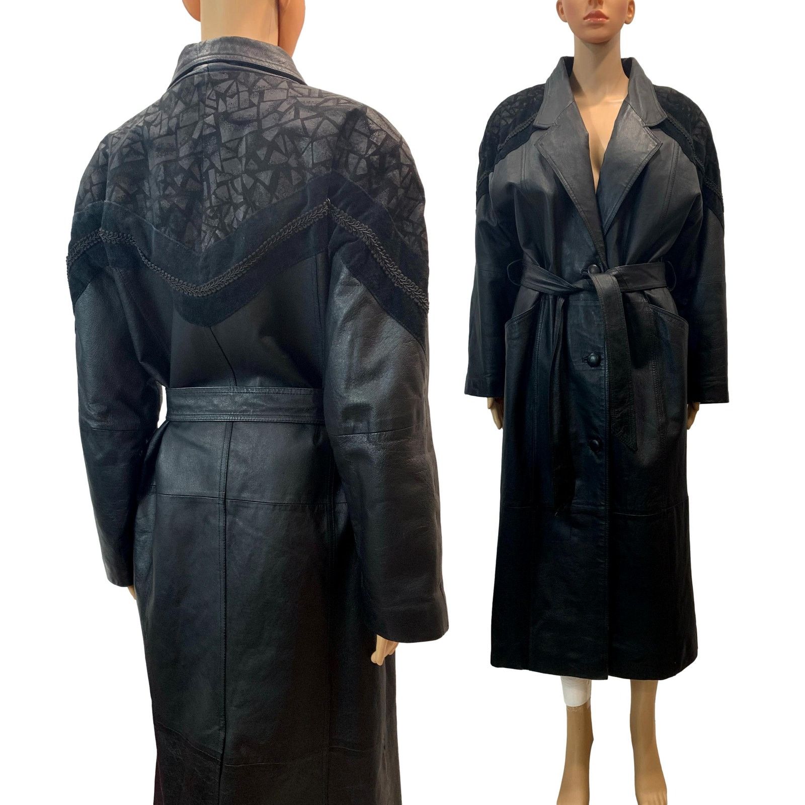 Vintage 90s BLACK Leather & Suede Maxi Trench Coat w Belt | Sm Size S / US 4 / IT 40 - 6 Thumbnail