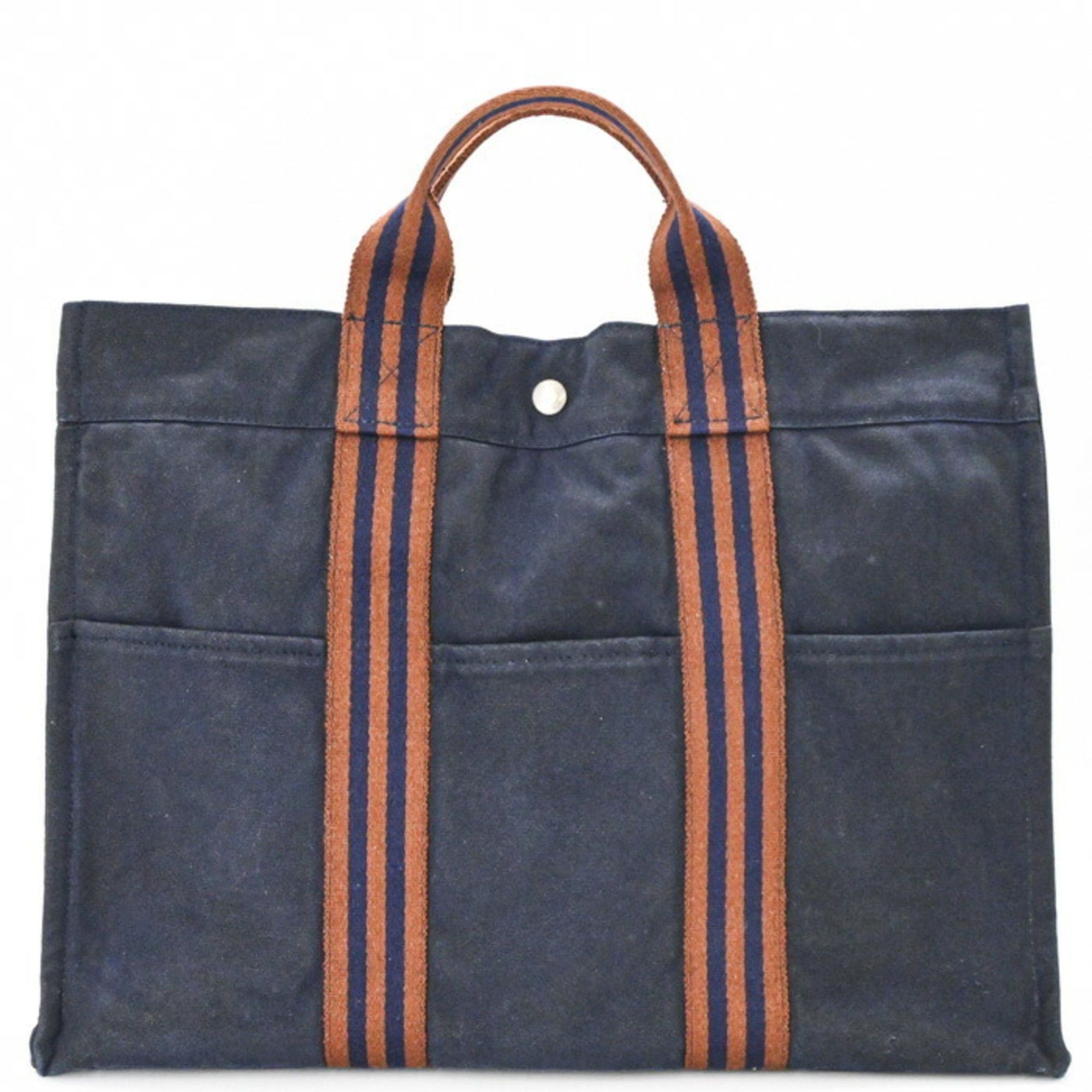 Hermes HERMES New Fourre-Tout Tote Bag MM Handbag Half Leather Navy Brown Canvas Women's Men's Size ONE SIZE - 1 Thumbnail