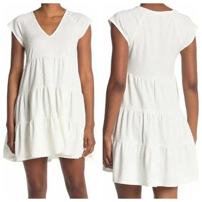 Nordstrom Elodie | White Ribbed Tiered Mini Dress | Size Large Size L / US 10 / IT 46 - 5 Thumbnail
