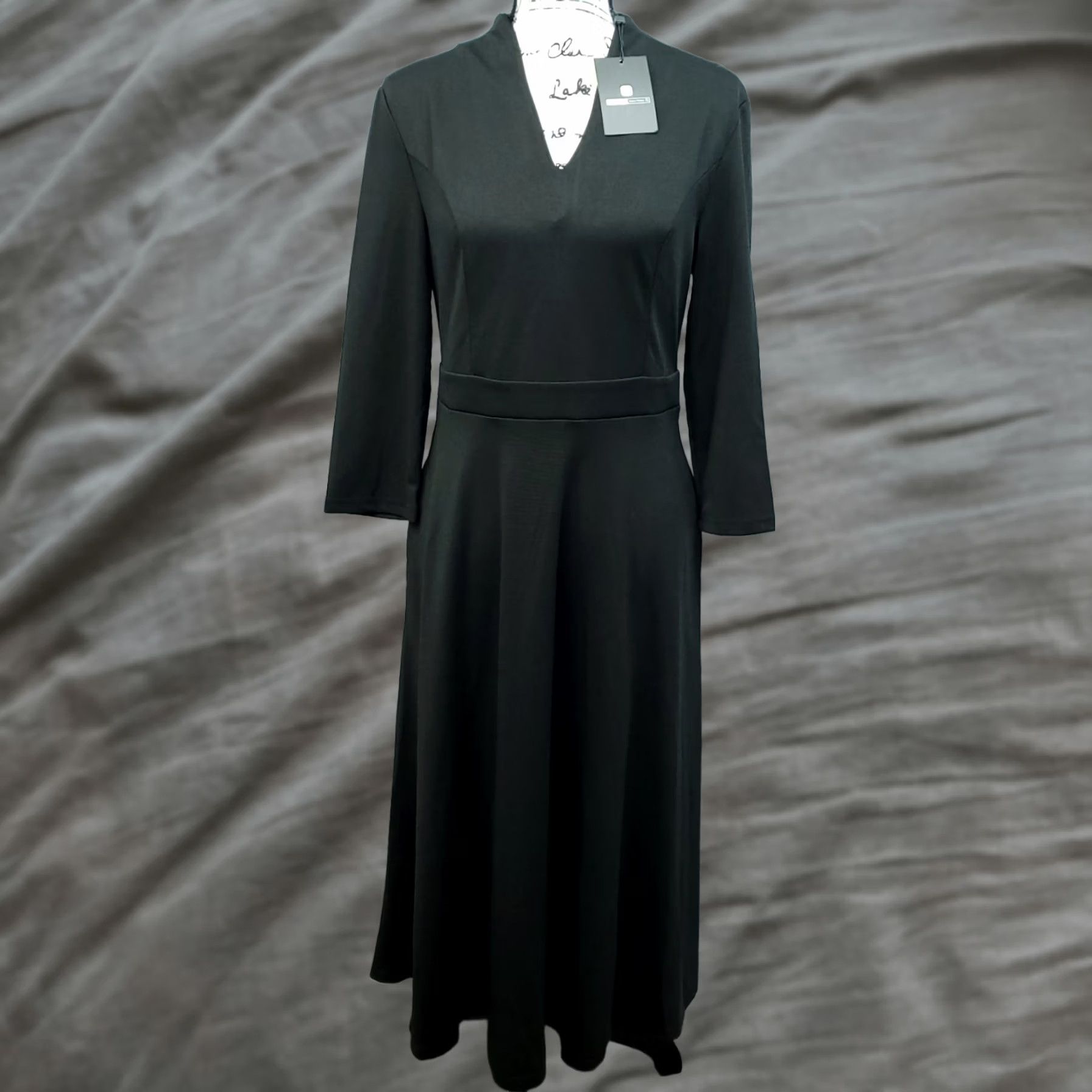 Vintage Stylewe Silky Dress Womens S Black Empire Waist Plunge V-Neck Back Zip Long Sleeve Casual Dress Size S / US 4 / IT 40 - 1 Thumbnail