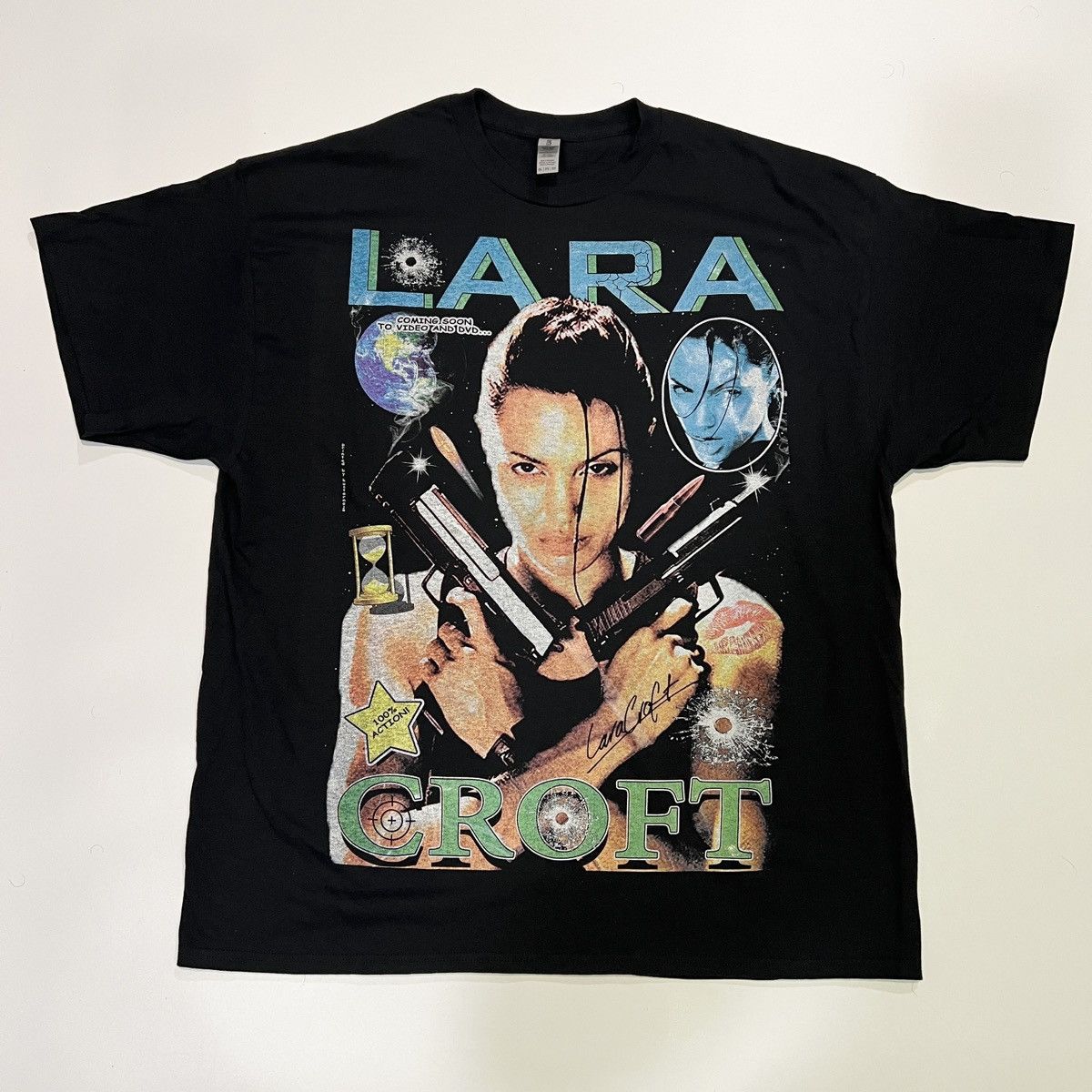 Image of Movie Y2K Lara Croft Tomb Raider T-Shirt 90's Tshirt Bootleg Jolie in Black, Men's (Size 2XL)