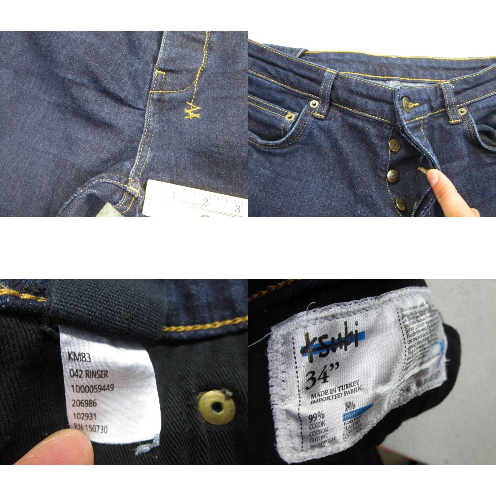 Ksubi Ksubi Jeans Mens 34 Dark Wash Slim Tapered Stretch Denim Button Fly Raw Hem Distressed Logo Mens Size US 34 / EU 50 - 8 Thumbnail