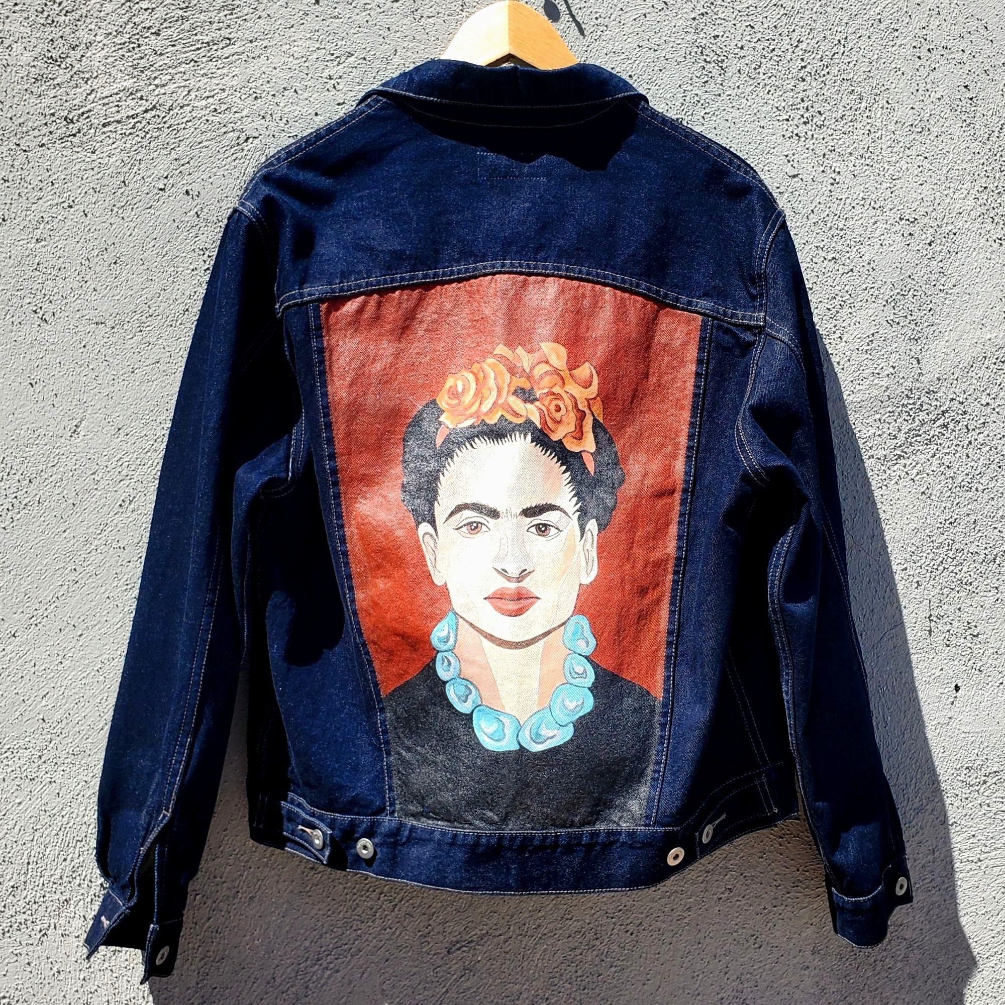 Handmade Frida Kahlo Y2K Portrait Denim Trucker Jacket Hand Painted W Size L / US 10 / IT 46 - 1 Thumbnail