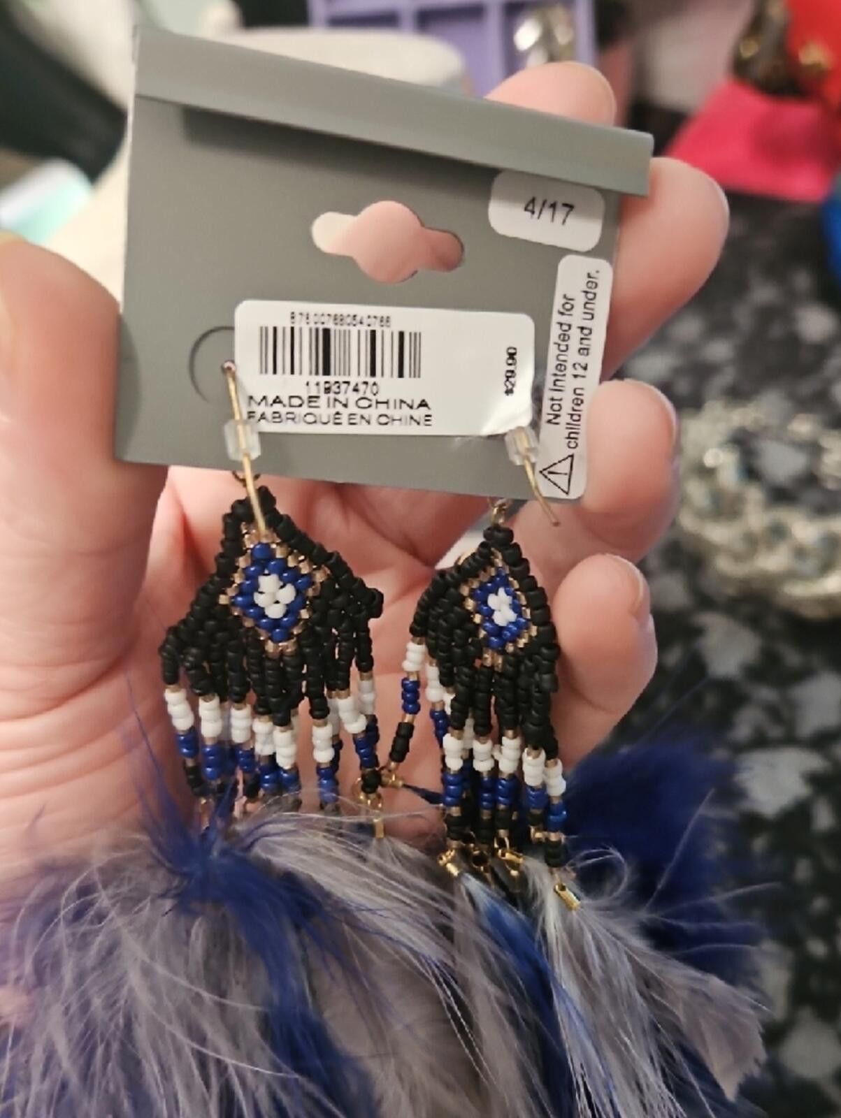 Express Express Blue, Black and White Beaded Feather Drop Earrings Size ONE SIZE - 2 Thumbnail