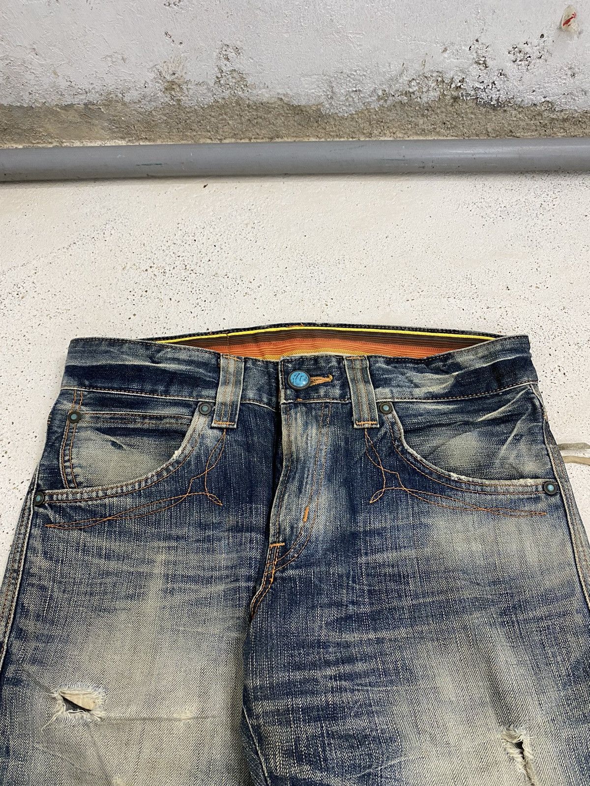Edwin × Japanese Brand Edwin Blue Trip Mud Washed Whisker Distress Zipper Pocket Size US 31 - 6 Thumbnail