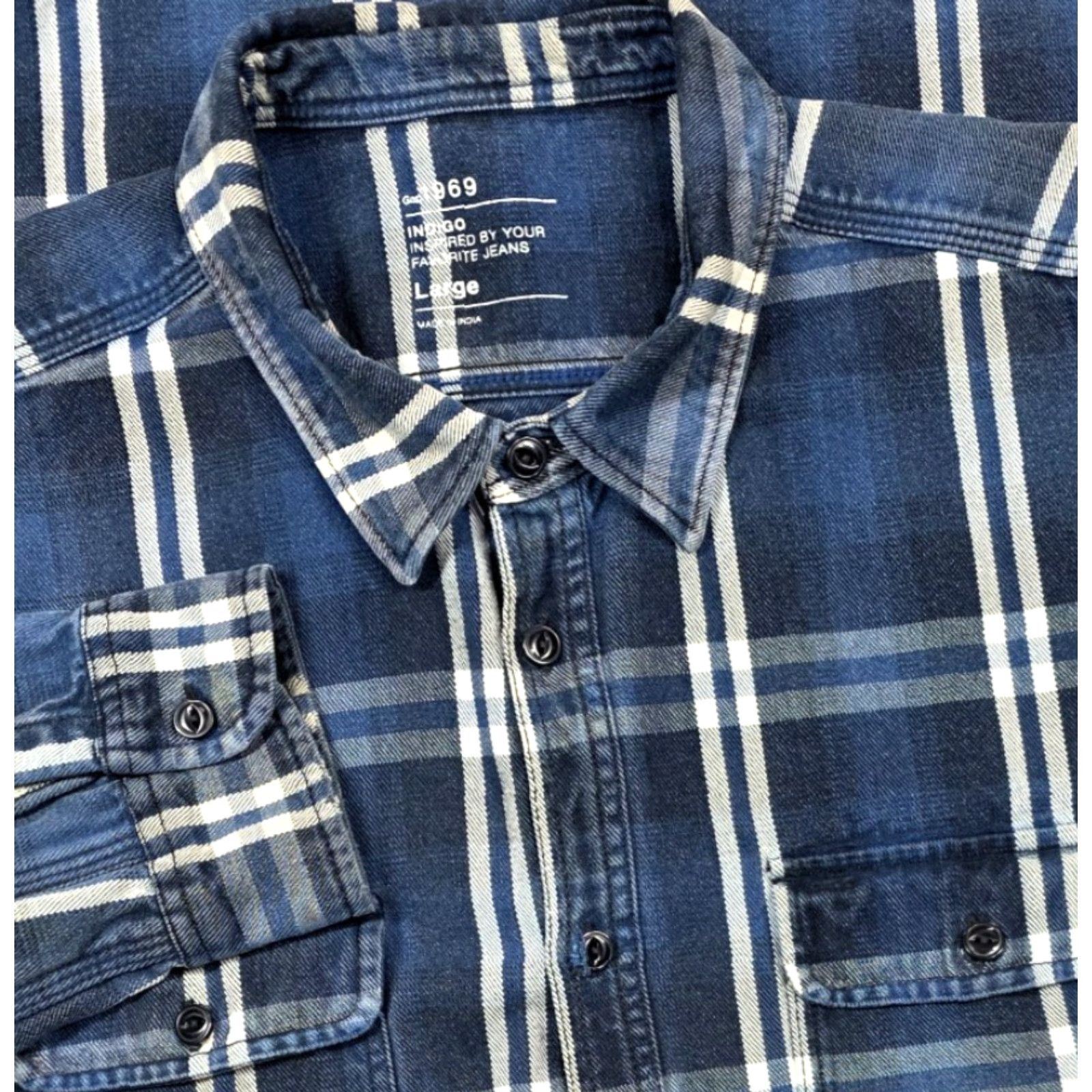 Gap Gap 1969 Denim Indigo WorkShirt Men L Plaid Blue Pockets Long Sleeve Button Up Size US L / EU 52-54 / 3 - 2 Thumbnail