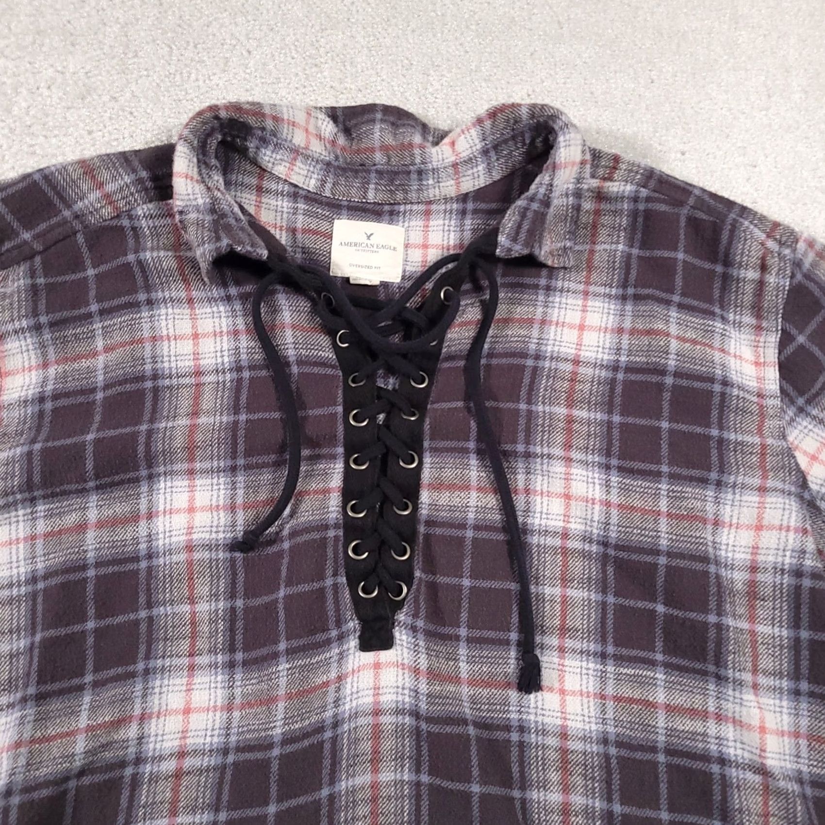 American Eagle Outfitters VINTAGE American Eagle Flannel Shirt Women’s XL Oversized Fit Distressed Lace Up Gray Size XL / US 12-14 / IT 48-50 - 3 Thumbnail