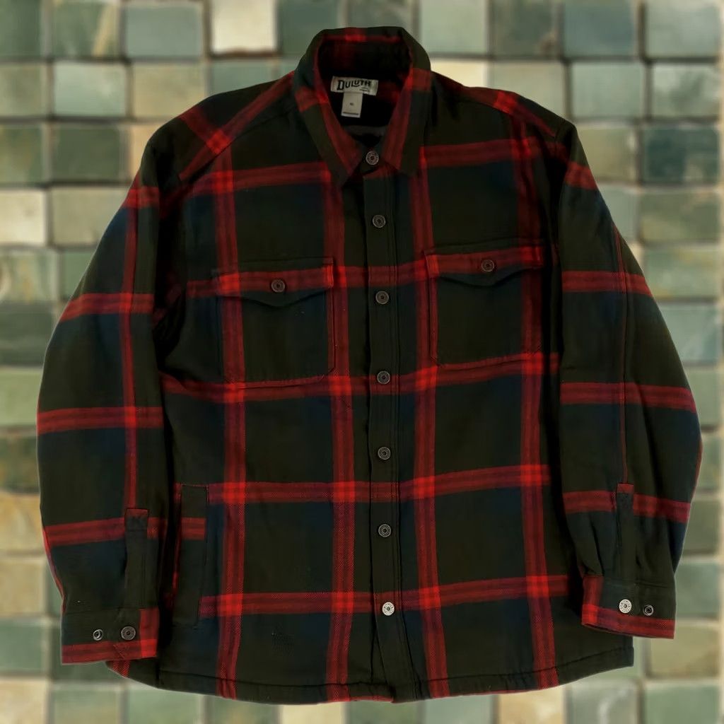 Vintage Duluth Shirt Jacket Flapjack Fleece Lined Green Red Plaid Long Sleeve Mens XL Size US XL / EU 56 / 4 - 1 Thumbnail