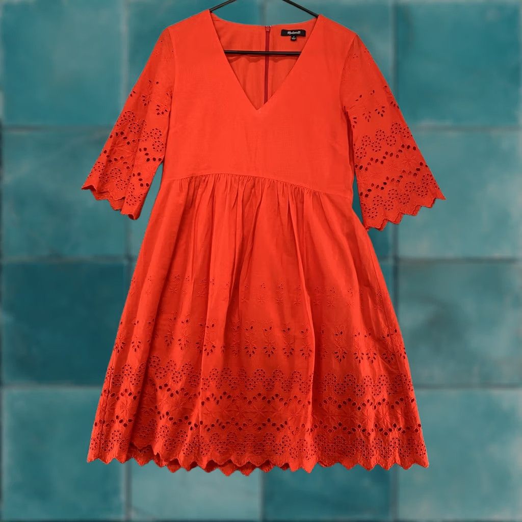 Madewell Madewell Dress Womens 0 Orange Eyelet Fit & Flare Bell Sleeve Knee Length Boho Shirt Dress? Size XS / US 0-2 / IT 36-38 - 1 Thumbnail