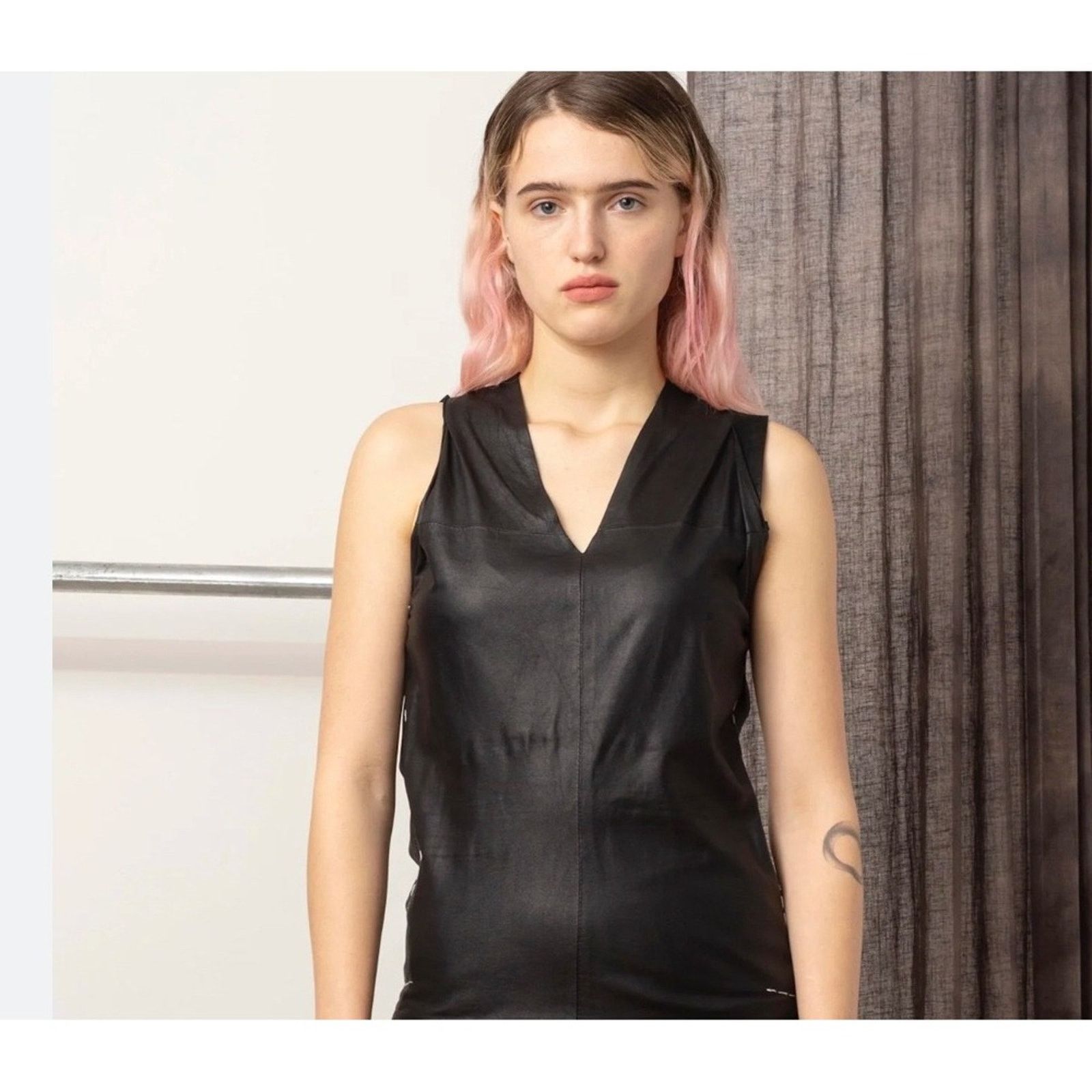Helmut Lang Helmut Lang Black Leather Top – Minimalist V-Neck – Size 4 Size S / US 4 / IT 40 - 1 Thumbnail