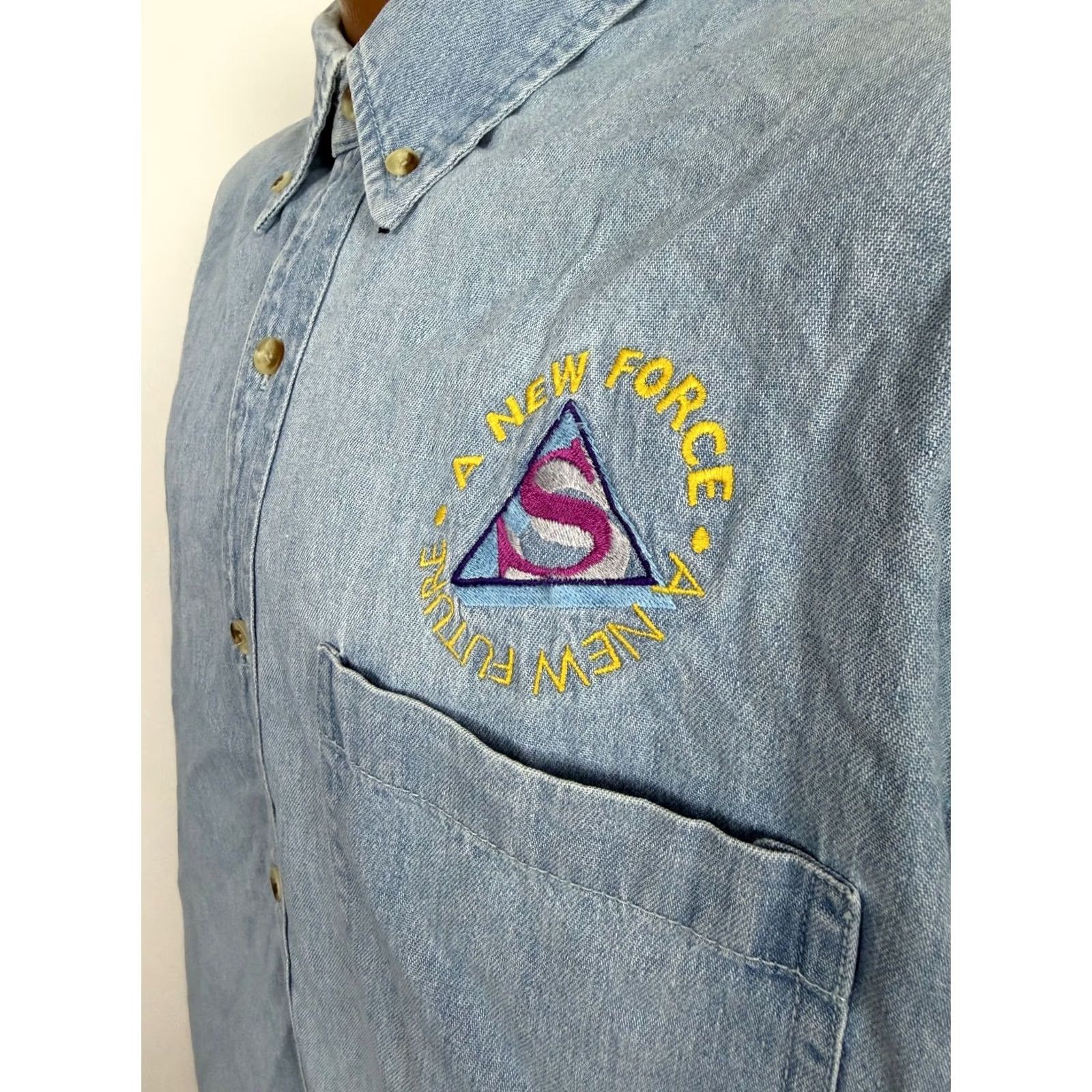 Denime VINTAGE Global Select Denim Shirt Mens Large Blue Embroidered 90s Casual Button-Up Collared Long Sleeve Midweight Pockets Size US L / EU 52-54 / 3 - 7 Thumbnail