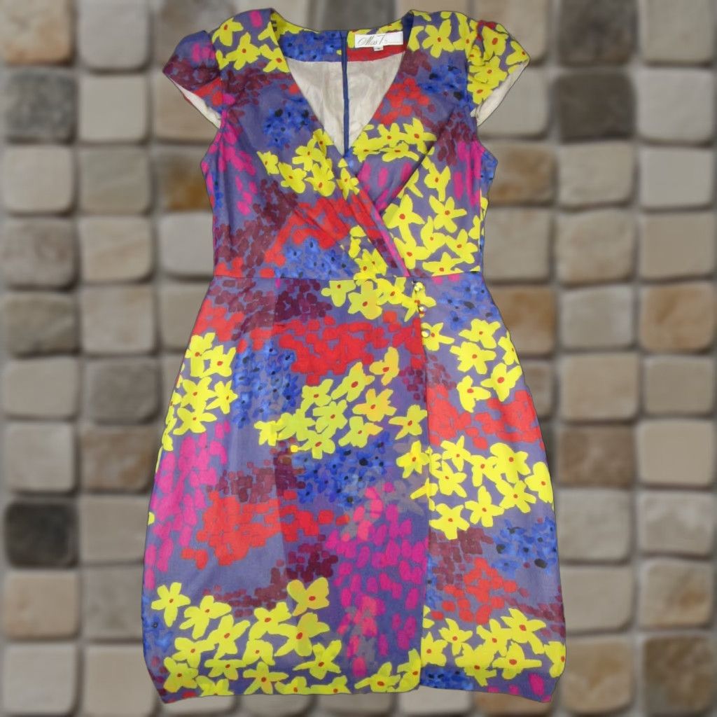 Trina Turk Trina Turk Miss T Dress Blouson Womens Blue Floral V-Neck Sleeveless Zip Short 6 Polyester Size M / US 6-8 / IT 42-44 - 1 Thumbnail
