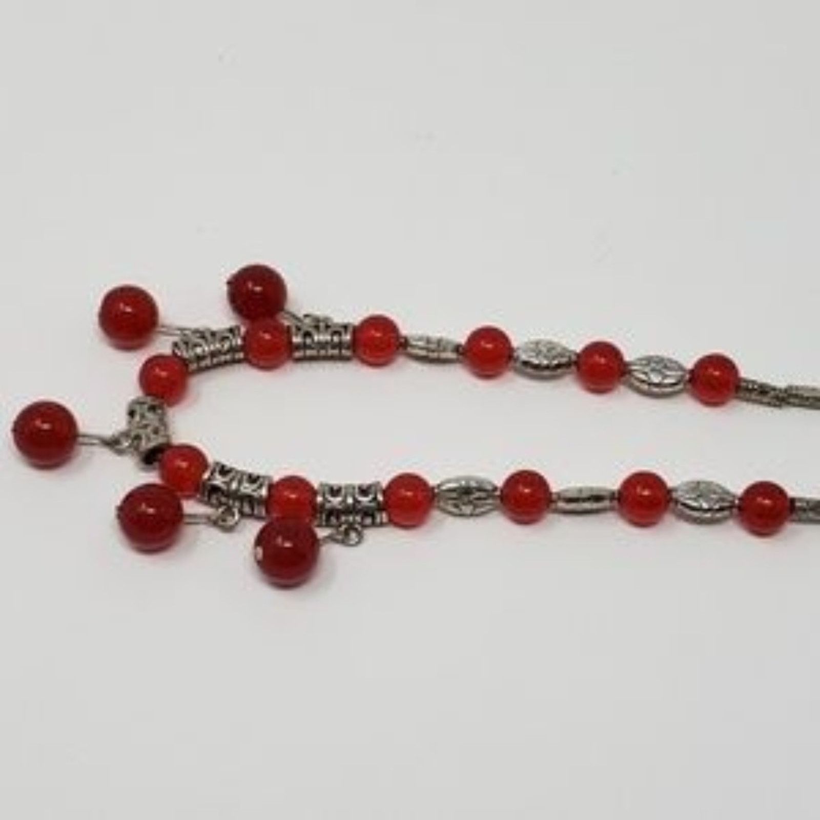 Other Silver & Cranberry Red Beaded Dangle Post-Hung Necklace Size ONE SIZE - 3 Thumbnail
