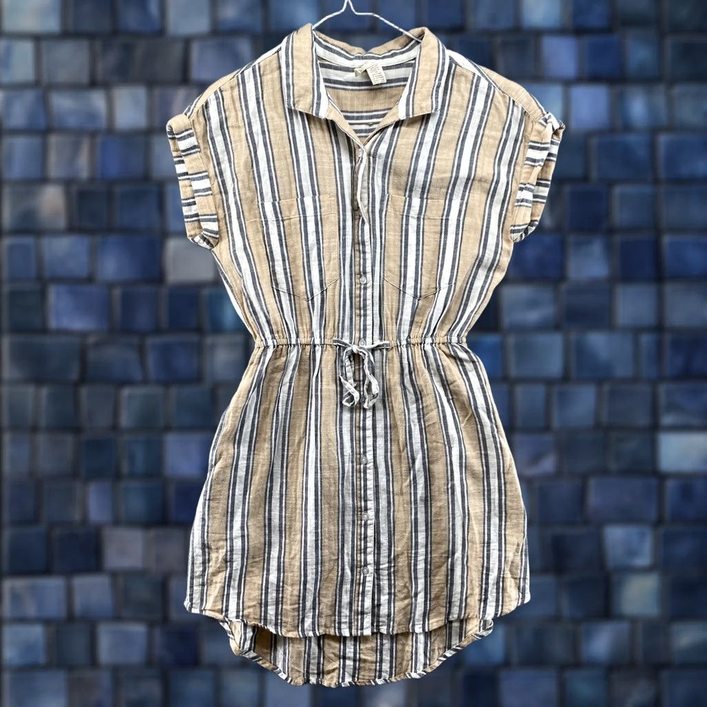 Vintage Japna Women’s Button Down Tie Waist Pockets Stripe Dress S Beige Cap Sleeve Hi-Low Size S / US 4 / IT 40 - 1 Thumbnail
