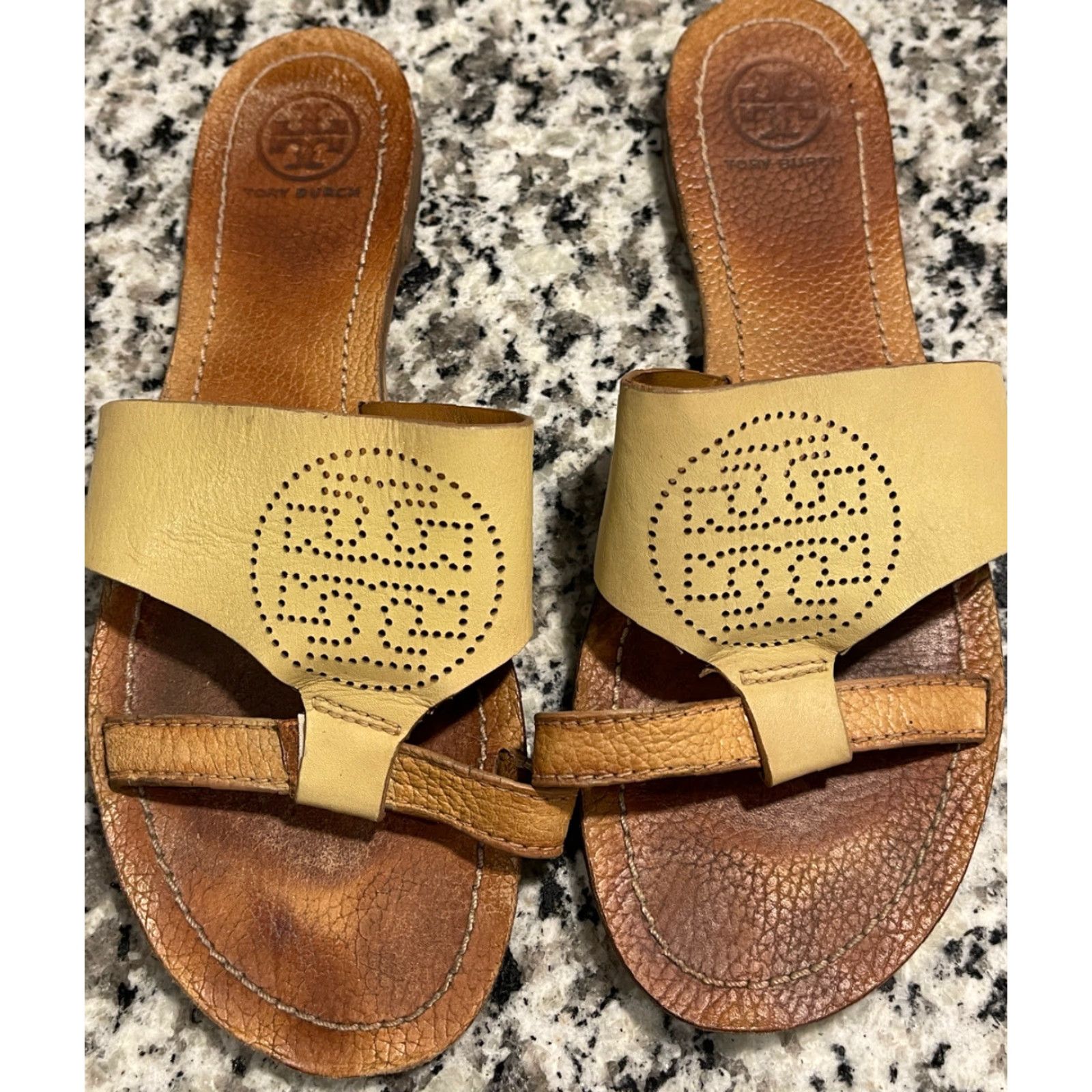 Tory Burch TORY BURCH Tan Leather Signature Perforated Logo Pebble Accent Flat Slides Sz 7 Ladies Sandal Leather Lined Slip On Casual Womens Size US 7 / IT 37 - 2 Thumbnail