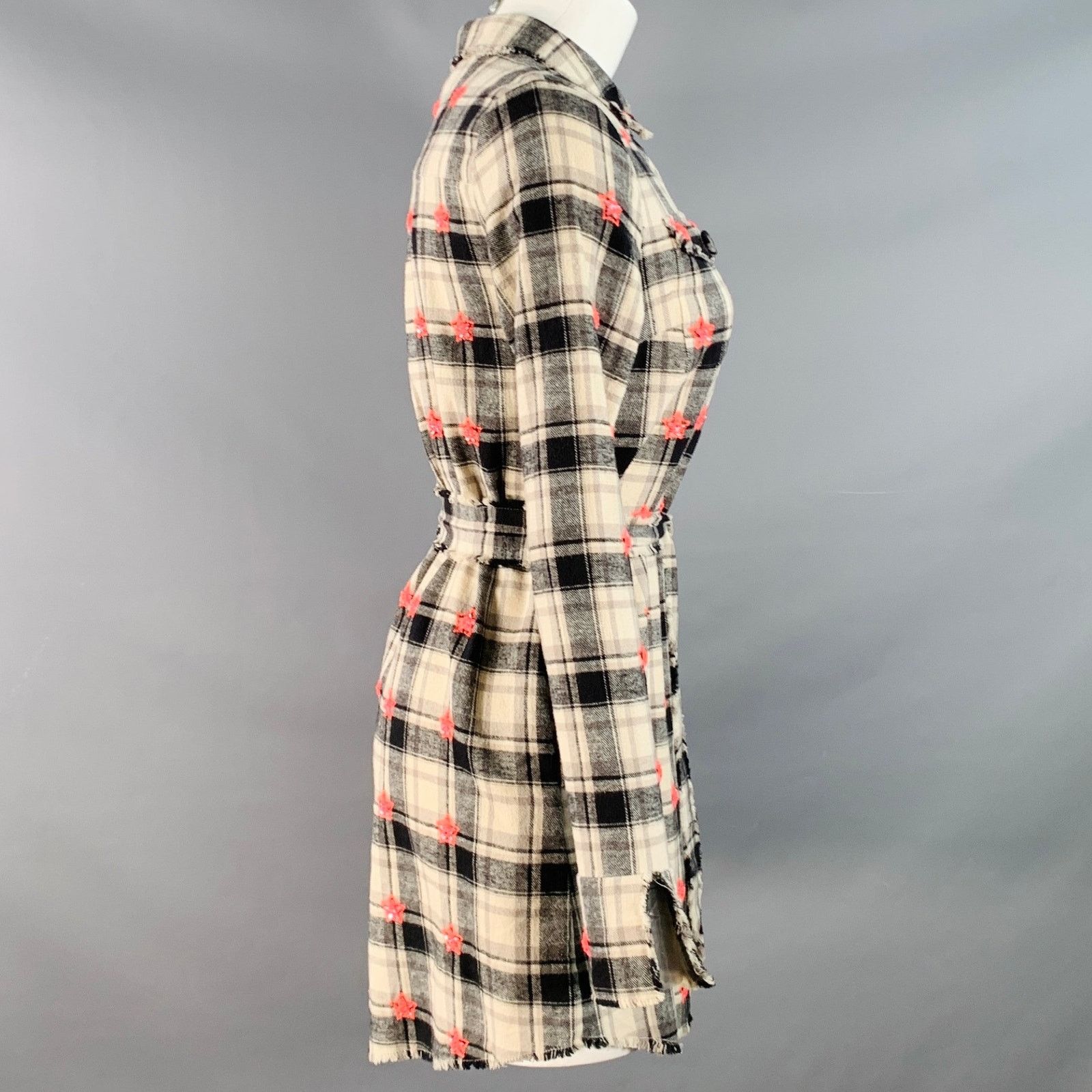 Other Beige Black Cotton Plaid Raw Edges Belted Mini Shirt Dress Size XS / US 0-2 / IT 36-38 - 3 Thumbnail