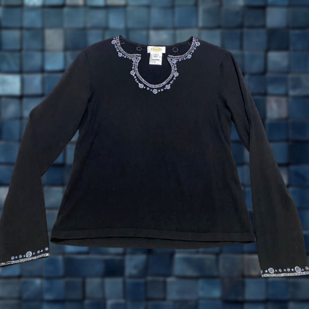 Talbots Talbots Shirt Womens Medium Black Round Neck Embroidered Silk Blend Long Sleeve Blouse Size M / US 6-8 / IT 42-44 - 1 Thumbnail