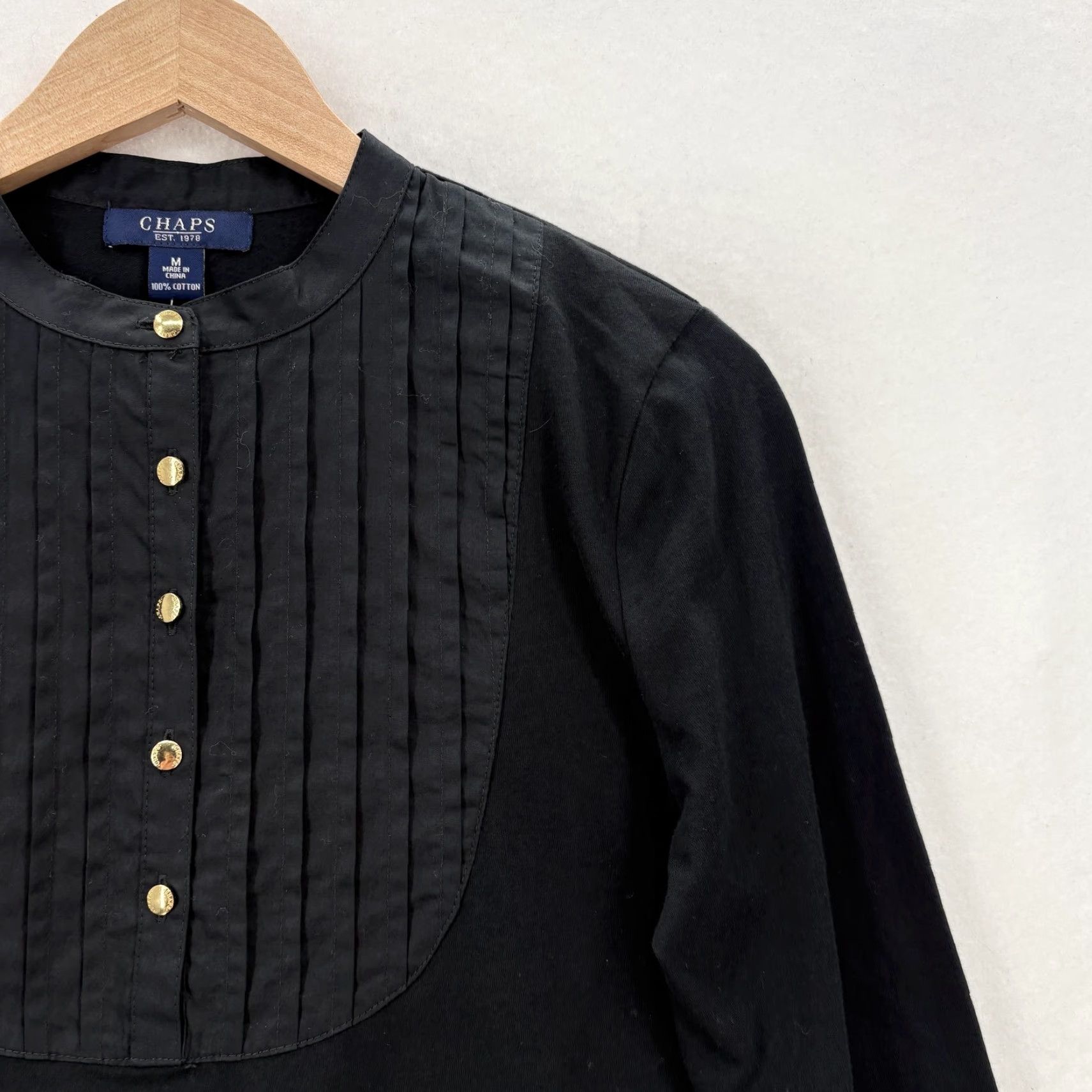 Chaps Chaps Shirt Womens M Black Pleated Bib Henley Long Sleeve Jersey Top NWT Size M / US 6-8 / IT 42-44 - 2 Thumbnail