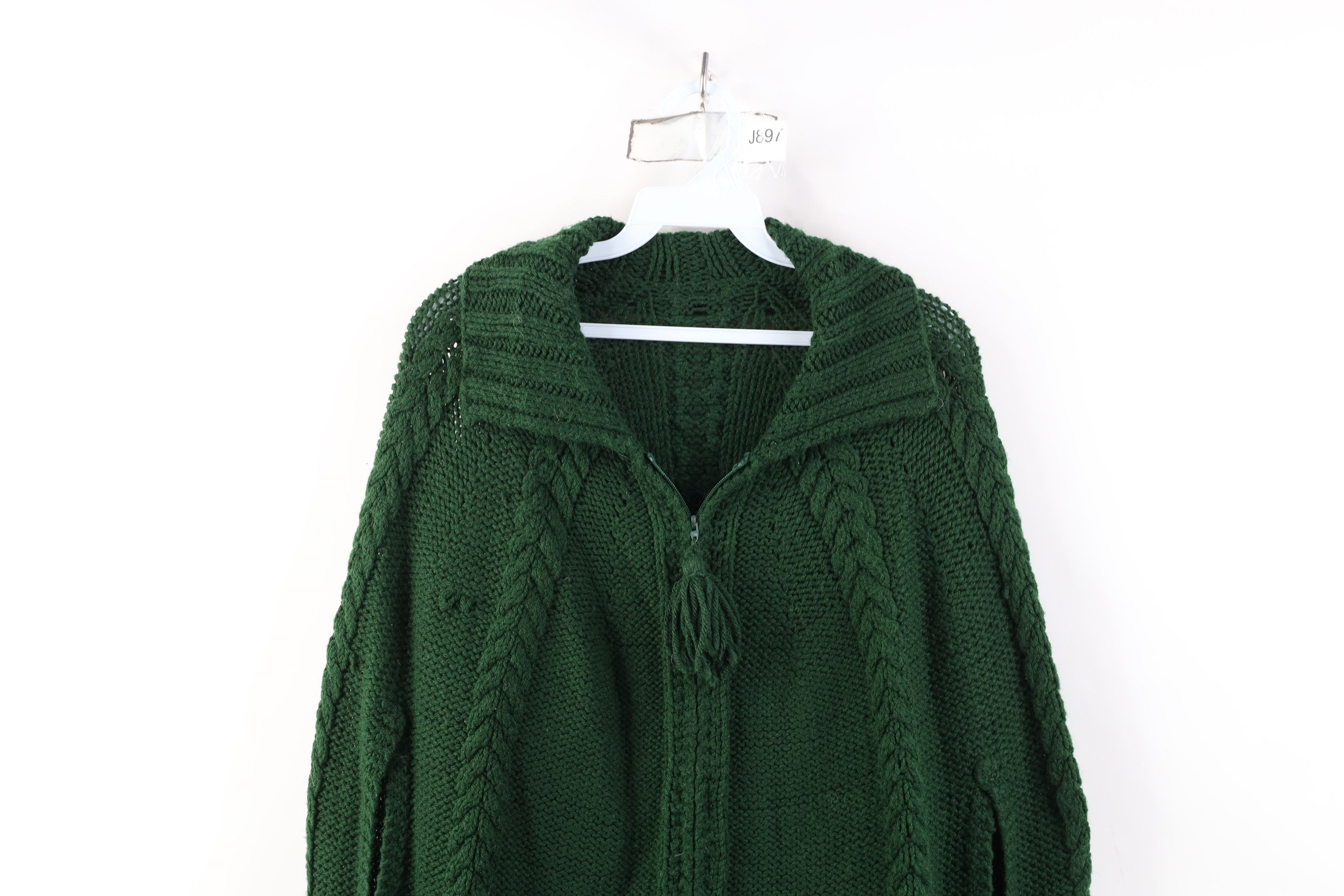 Vintage Vintage 50s 60s Boho Chic Cable Fringed Sweater Cape Green Size ONE SIZE - 2 Thumbnail