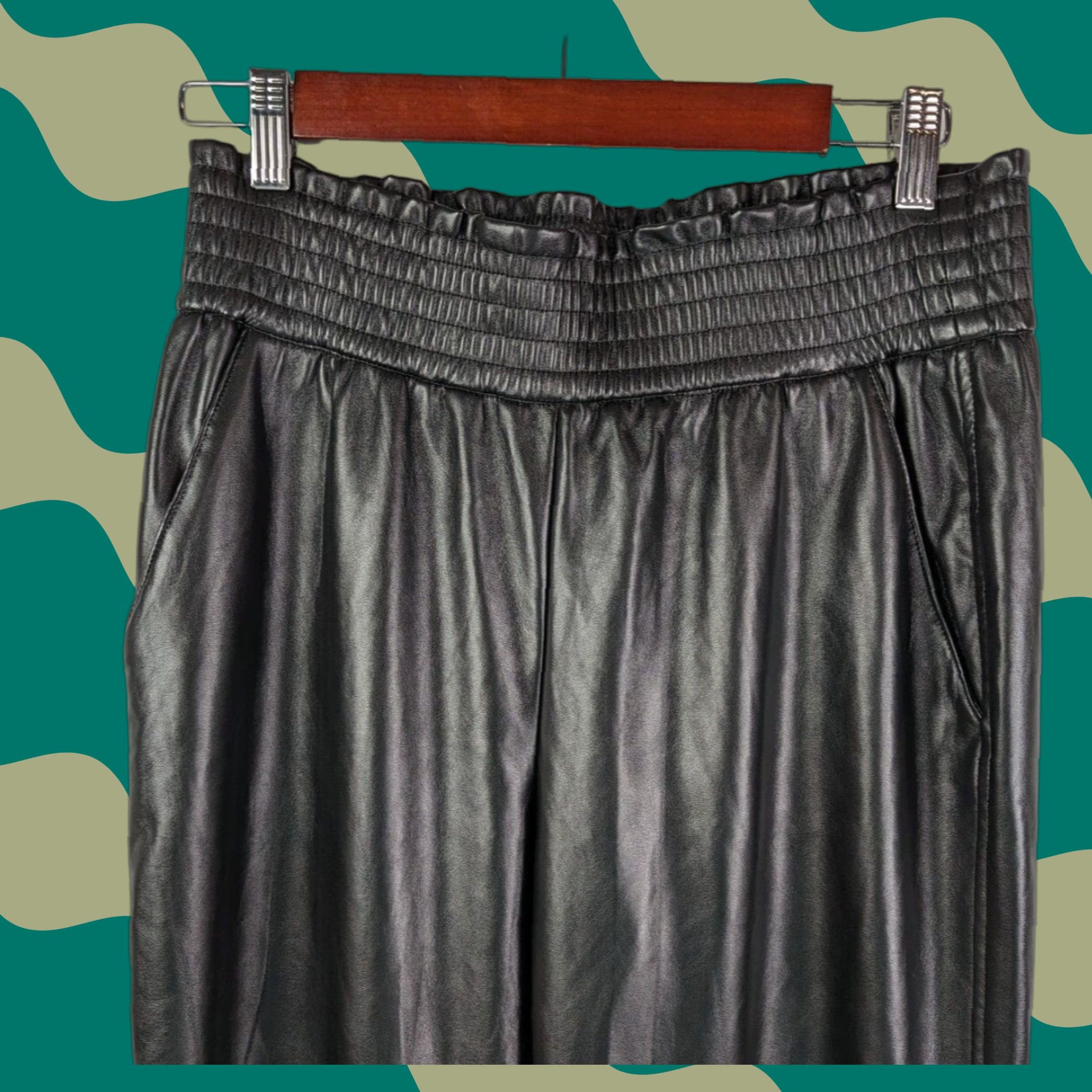 Joie JOIE Black Pants Leather Style Elastic Waist Faux Leather Smocked Waist Regular Womens Medium Casual Straight Front Full Length Size 32" / US 10 / IT 46 - 1 Thumbnail