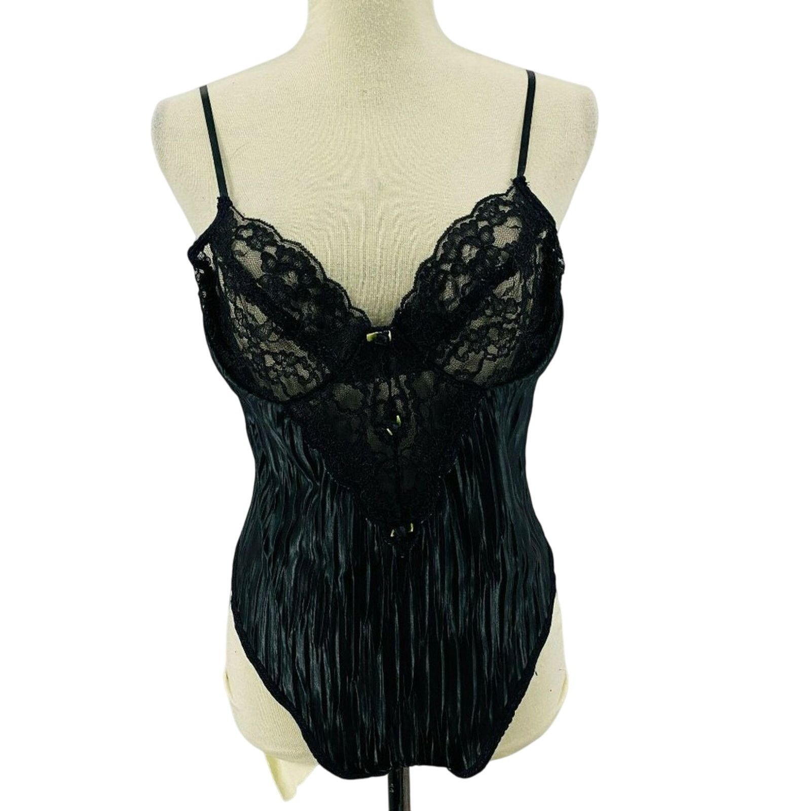 Vintage Black Satin Lace Sexy Teddy Lingerie Large Womens