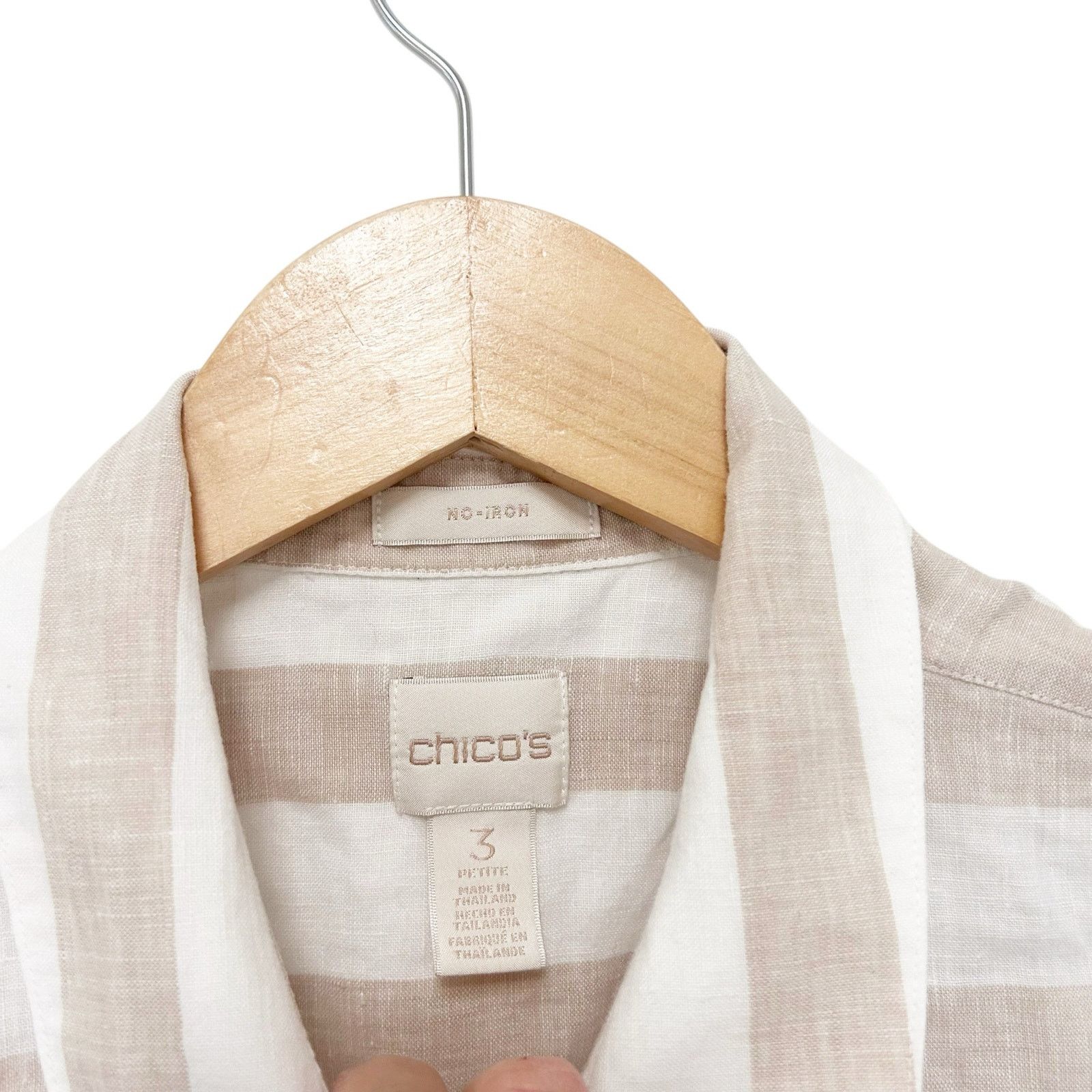 Chicos Chicos Tan White Striped 100% Linen Button Down Shirt Sz XLP Size XL / US 12-14 / IT 48-50 - 3 Thumbnail
