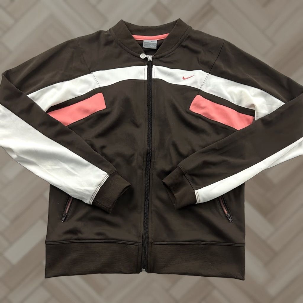 Nike VINTAGE Nike Full Zip Track Jacket Women's L Brown Pink White Track Jacket Full Zip Nike Womens L Pink Brown White Size L / US 10 / IT 46 - 1 Thumbnail