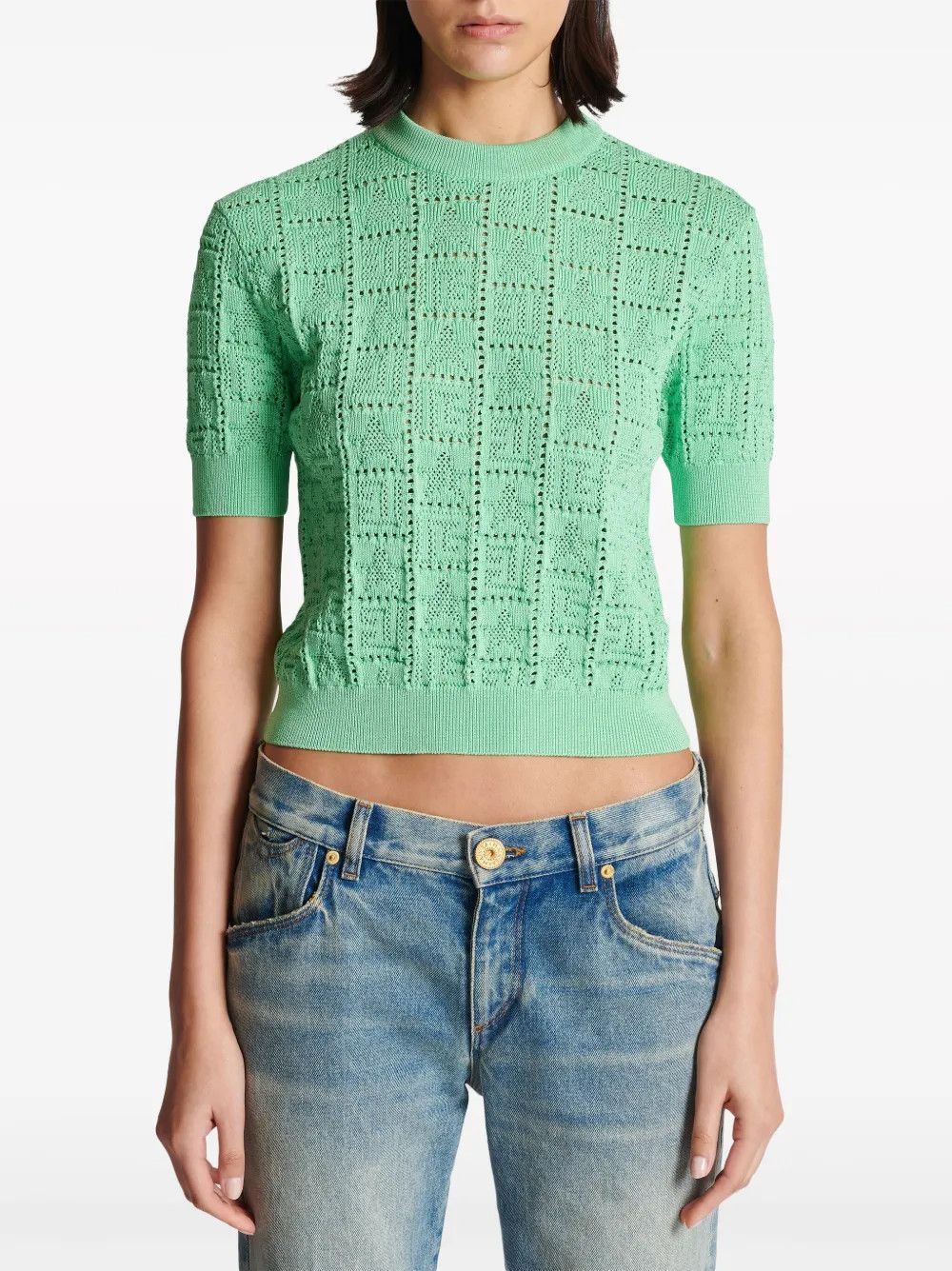 Balmain o1s1wg110825 Monogram Jacquard Top in Green Size L / US 10 / IT 46 - 2 Thumbnail