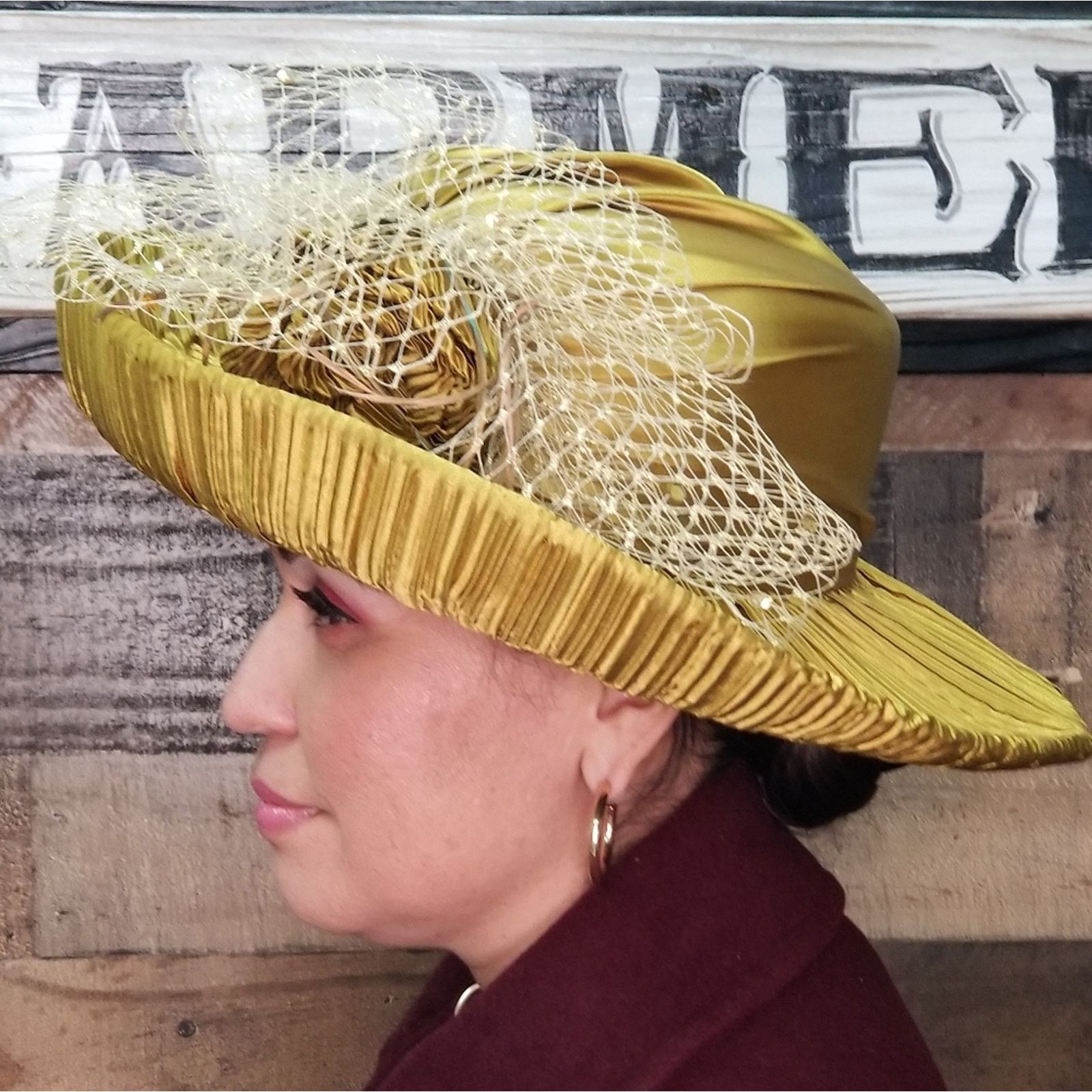 Other Donna Vinci Chartreuse Satin Hat, size 22 1/2 inches Size ONE SIZE - 3 Thumbnail