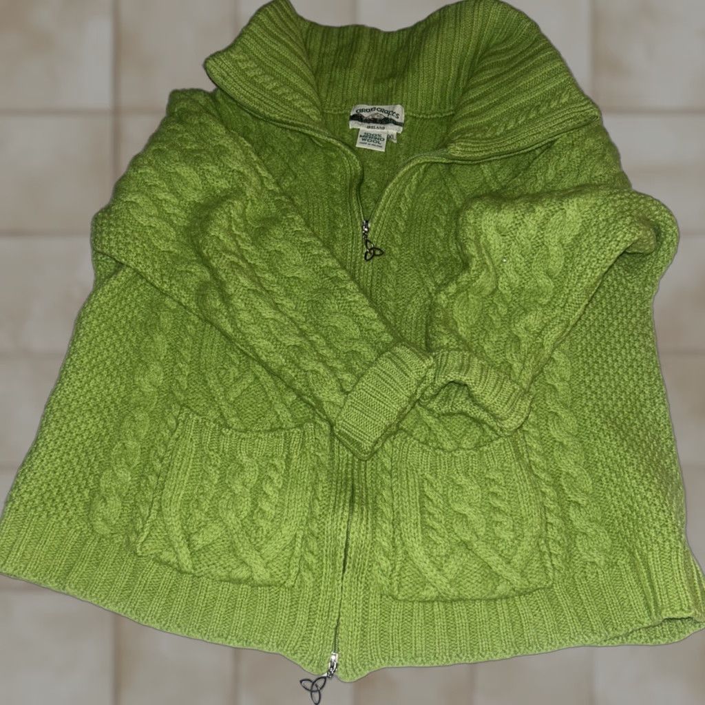 Vintage Aran Crafts Ireland 100% Merino Wool Zipper Sweater Unisex Green XS-2XL Cardigan with Pockets Size XXL / US 16-18 / IT 52-54 - 1 Thumbnail