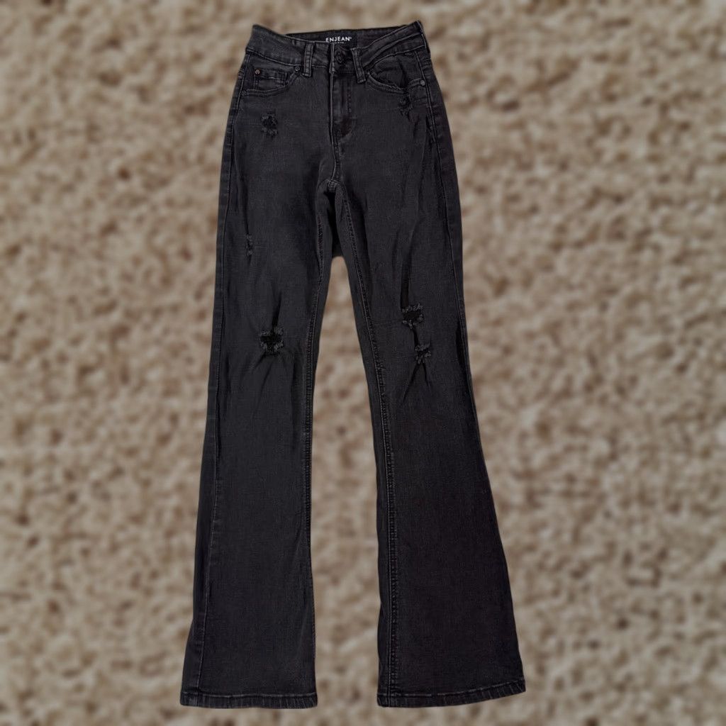 Vintage Black Jeans Womens 0 Denim Flared Distressed Cotton Blend 24x29 Size 25" / US 0 / IT 36 - 1 Thumbnail