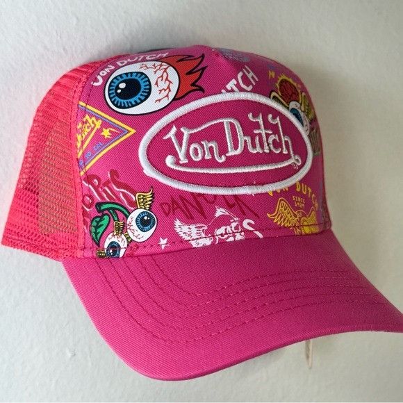NWT VON DUTCH JAX HOT PINK ALL OVER PRINT TRUCKER HAT
